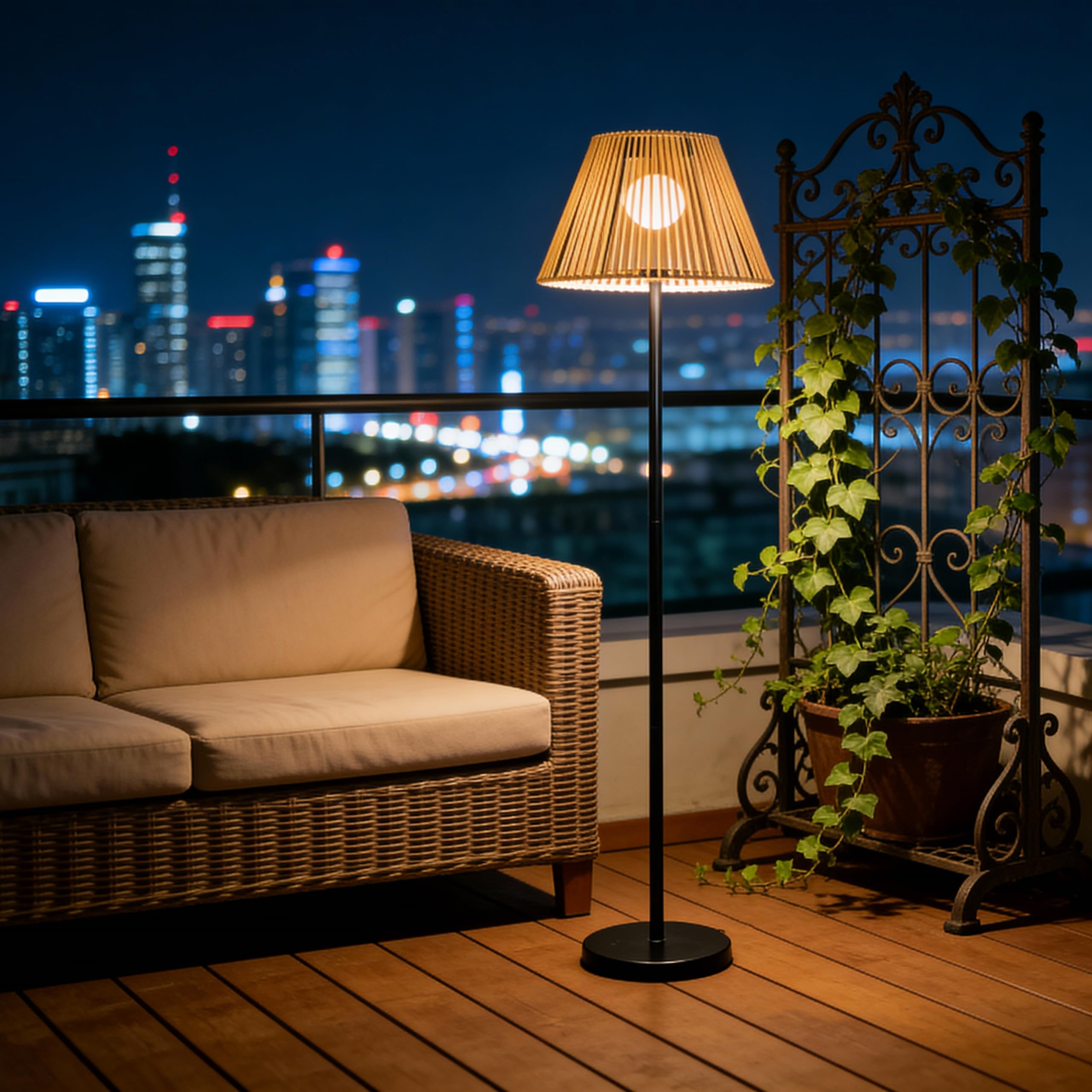 LEOKED 46 Solar Outdoor Floor Lamps for Patio Decor, Rattan Wicker Lights, Hand Woven Lamp Stable Metal Lanterns Outdoor Waterpr