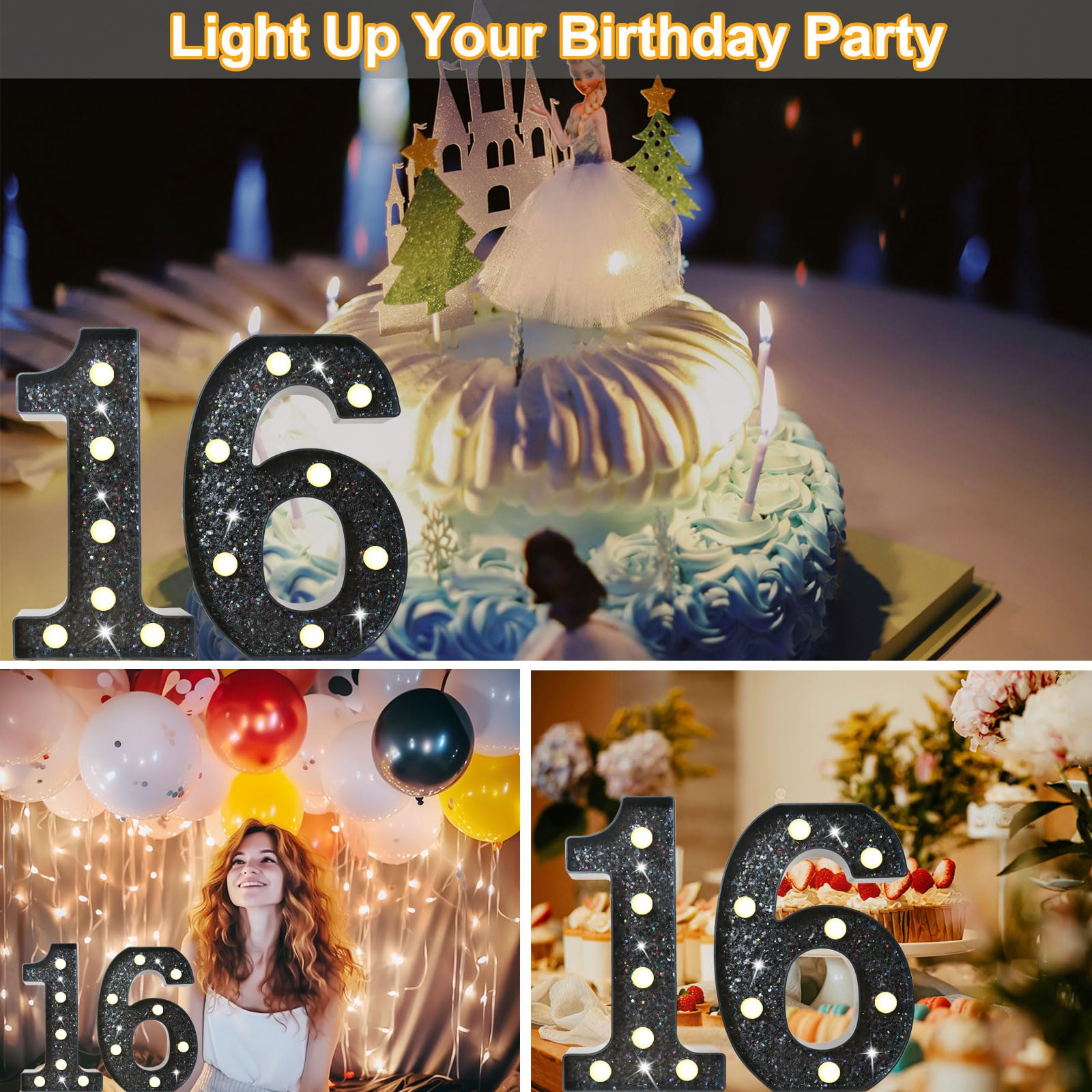 8.8 Decorative Led Light Up Numbers  Glitter Marquee Numbers Lights For 16Th Birthday Decorations  Shiny Lighted Number Sign For Birthday Party Wedding Anniversary Home Decor  Glitter Black 16