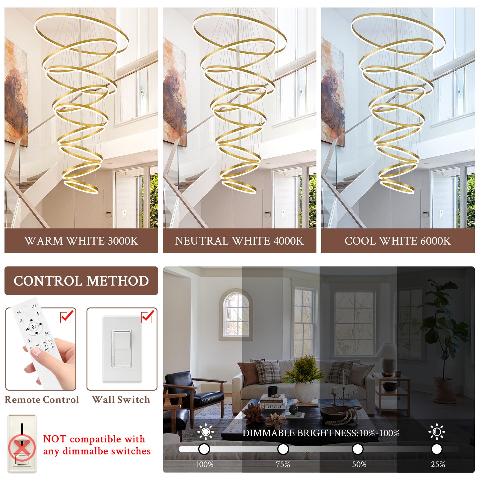 Sparklelf LED Chandelier, Dimmable Modern Design, 9 Rings, 39.4in, Gold, Remote Control, 3000K-6500K for Entryway and Living