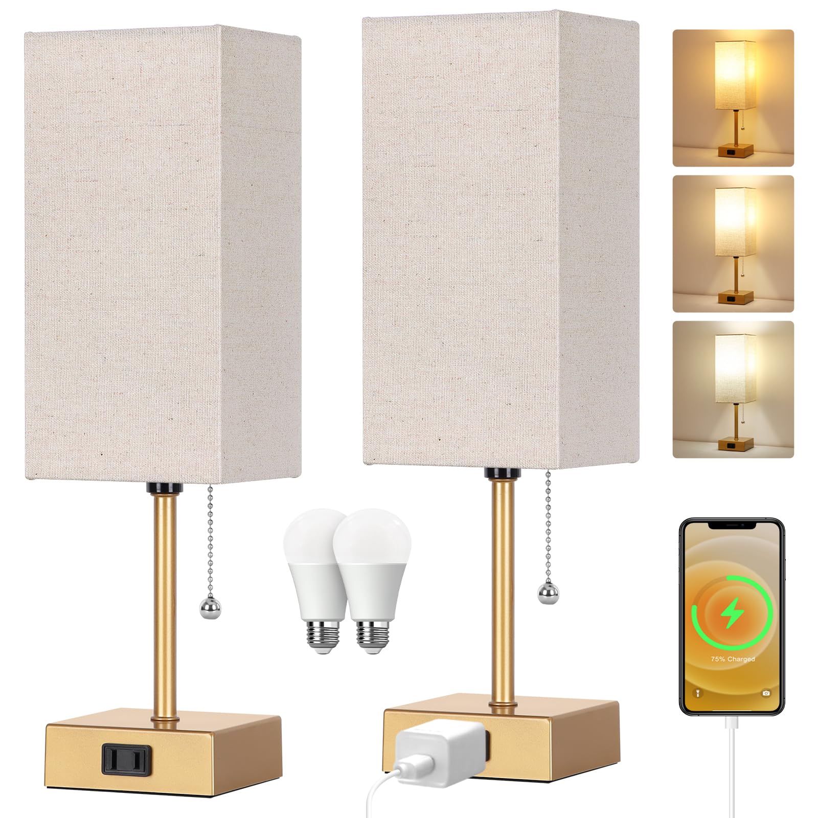 Dott Arts Table Lamp Set of 2, 15 inch Gold Linen Metal, 3-Color with Pull Chain, Includes 2 Bulbs, Model PTL6W-030