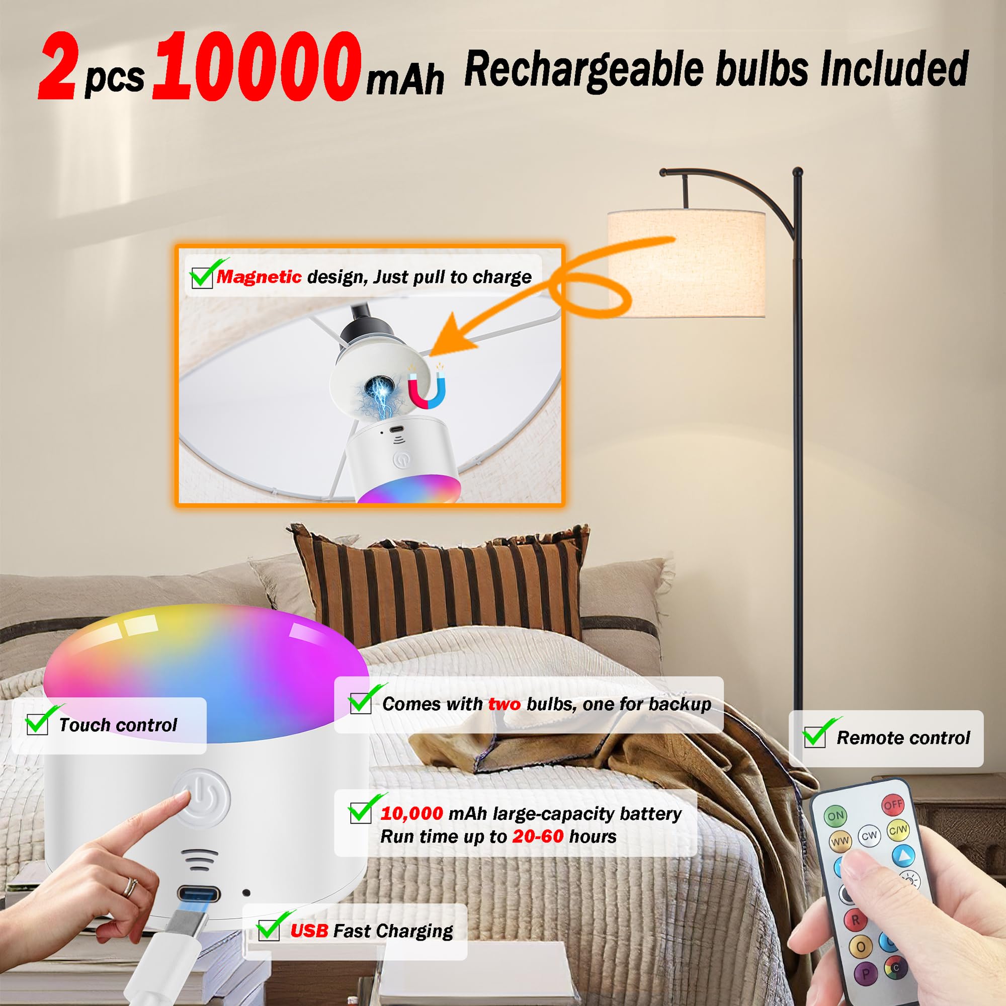 Battery Operated Cordless Floor Lamp With Remote Control For Bedroom, Dimmable Floor Lamp Modern Tall Standing Floor Lamp With L