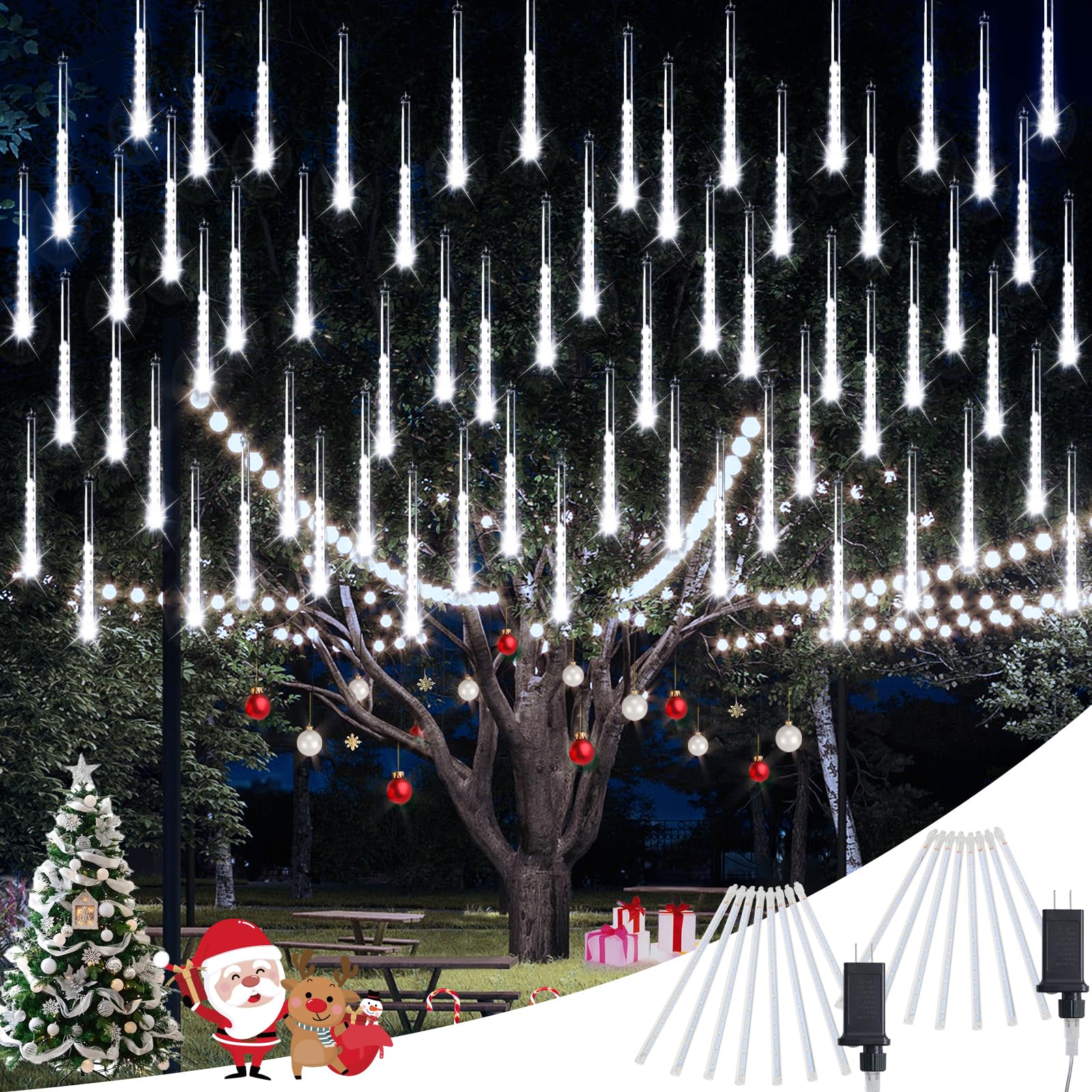 JMEXSUSS Meteor Shower Lights - 2 Pack, 8 Tube 192 LED, Waterproof, Cool White for Outdoor Tree, Wedding, Patio Decoration