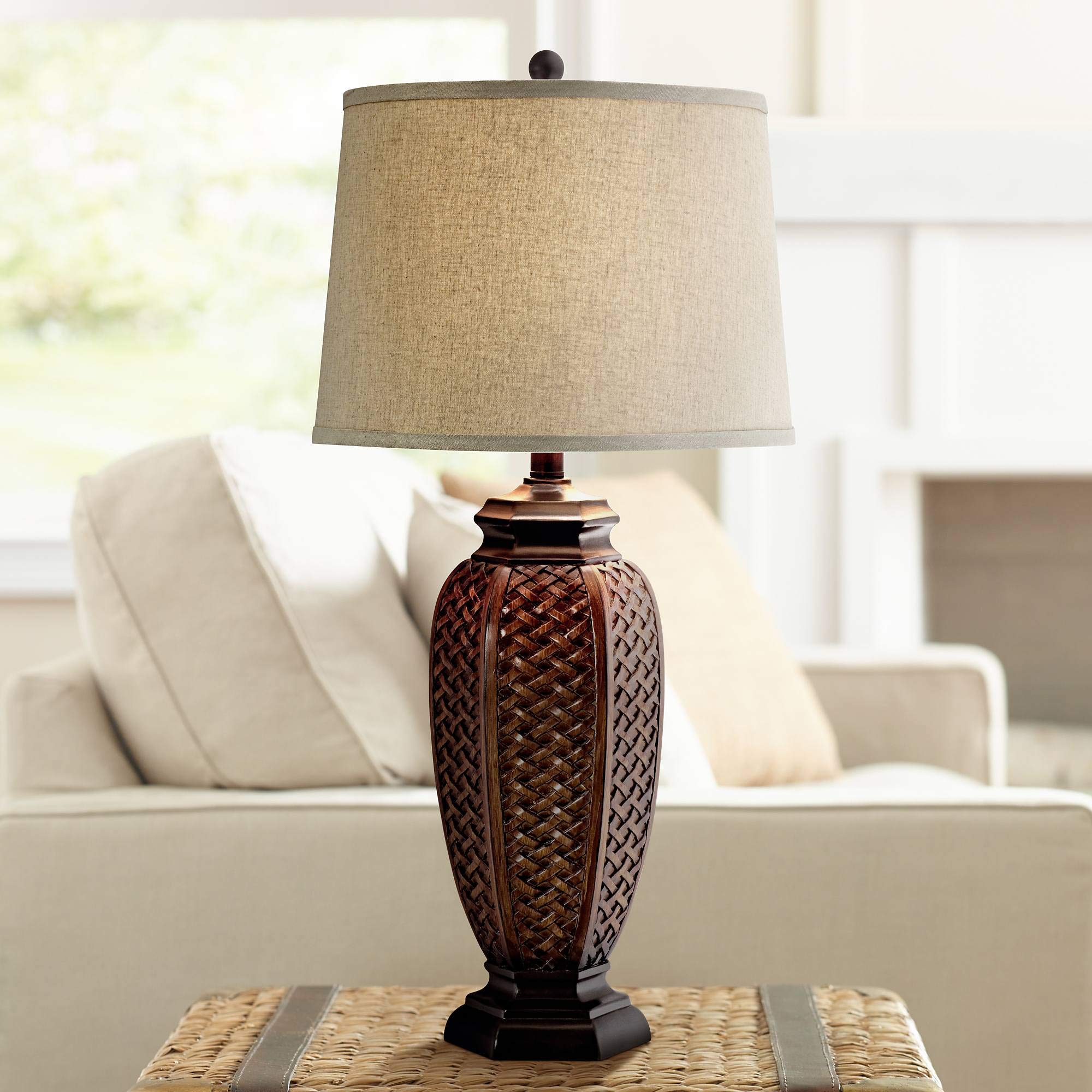 Regency Hill Tropical Table Lamp 29" Tall Beige Linen Drum Shade Faux Wicker for Living Room, Bedroom, Office, Entryway