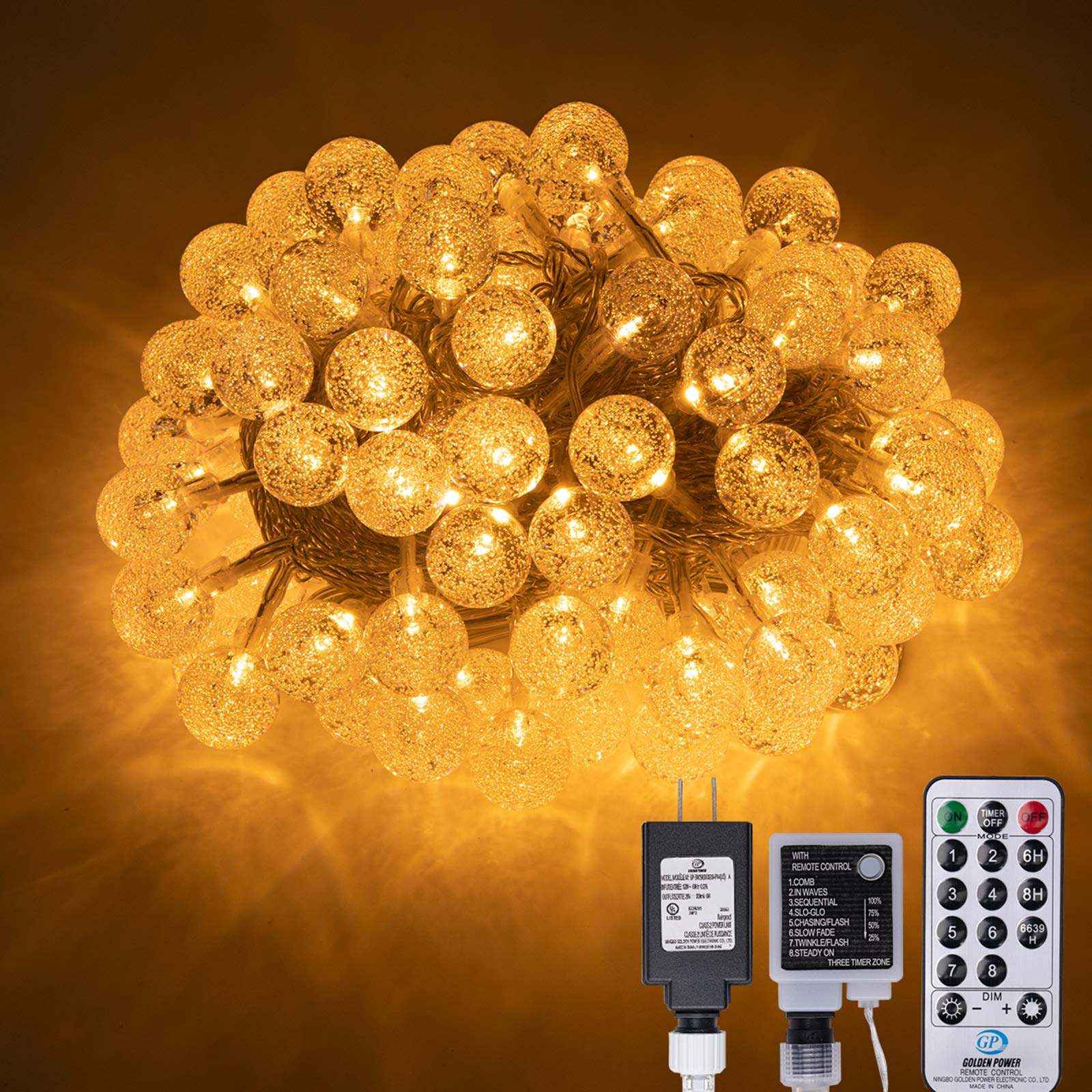 AWQ 100FT LED Globe Ball String Lights, Warm White, Indoor/Outdoor Use, Remote & 8 Modes, Perfect for Weddings & Holiday Decor