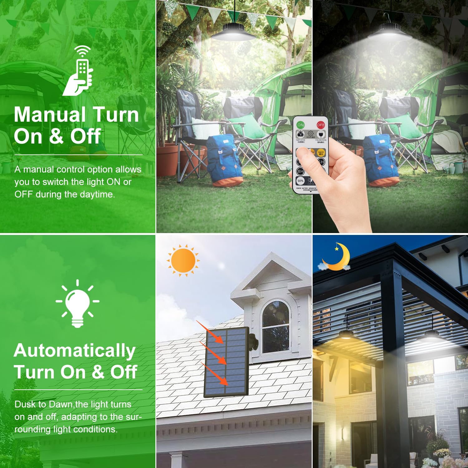 T-SUN Solar Shed Light 2-Pack with Remote, IP65 Waterproof Outdoor Indoor Pendant Lights, Adjustable 3000K/4000K/6000K for Garden, Patio, Garage