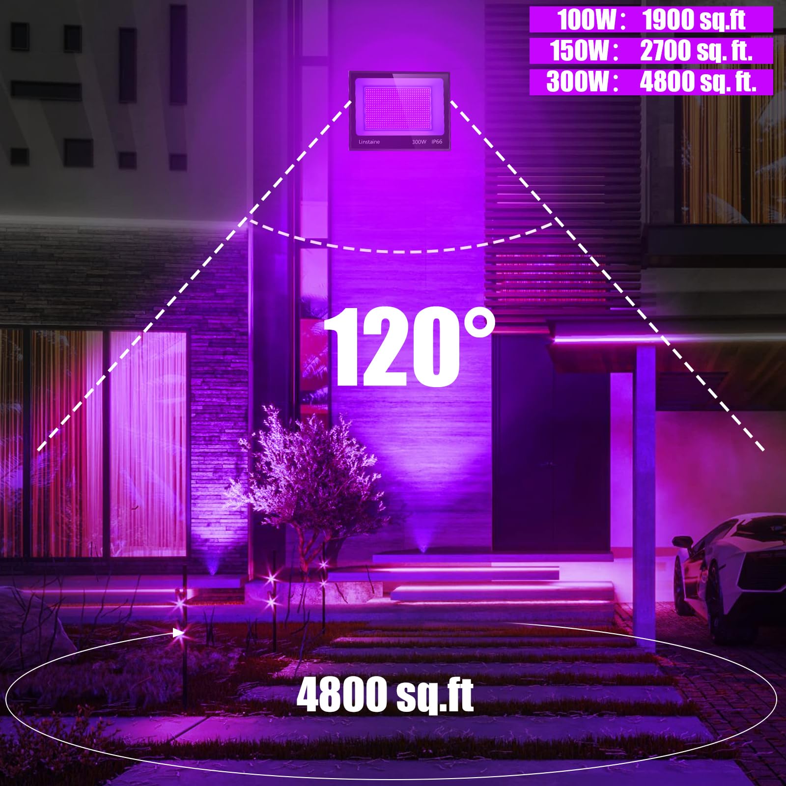 300W Blacklight Floodlight With 10Ft Cable, Waterproof Led Black Light Flood Light With Switch&Plug For Outdoor Neon Party, Hall