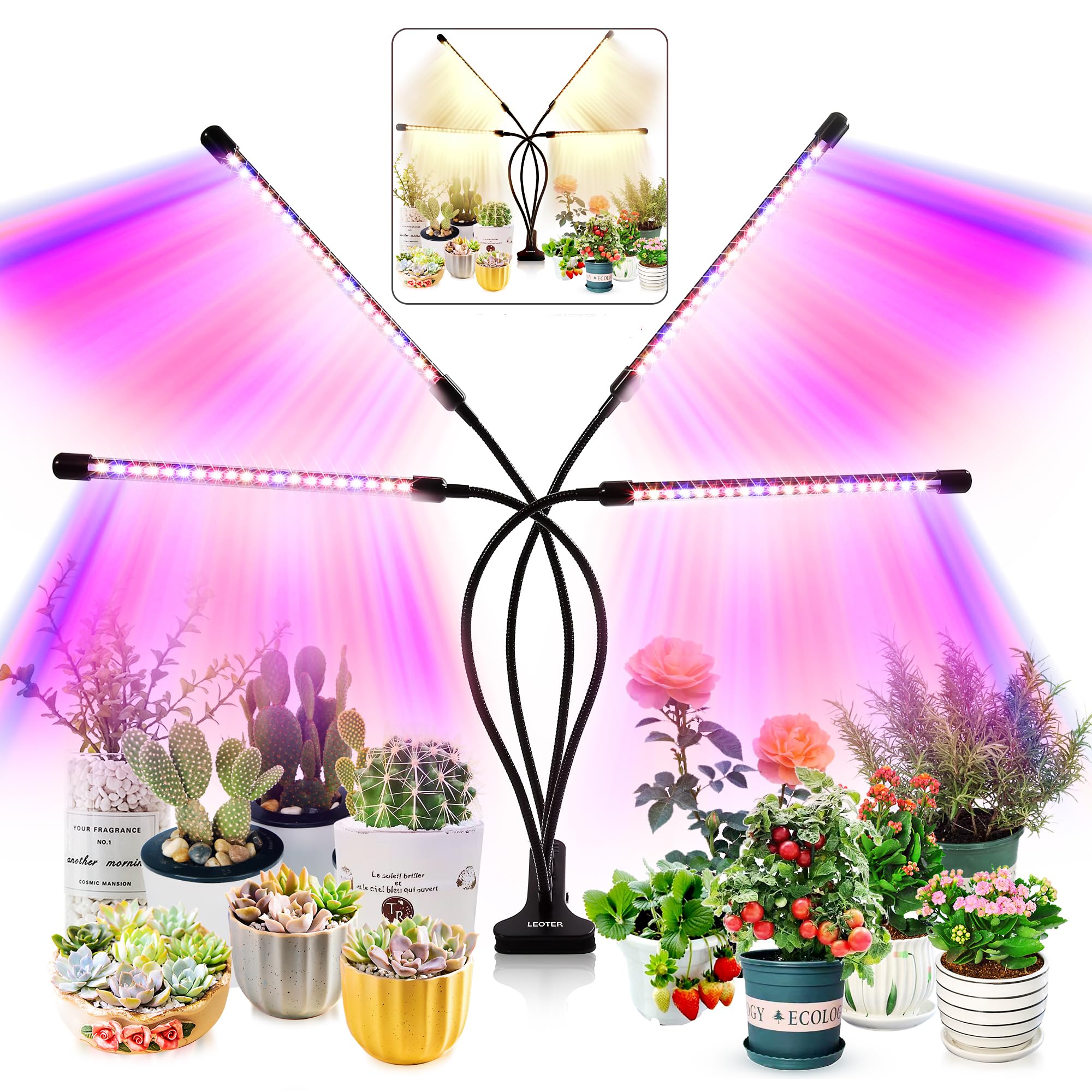 Leoter Grow Light For Indoor Plants - Upgraded Version 80 Led Lamps With Full Spectrum & Red Blue Spectrum, 3/9/12H Timer, 10 Dimmable Level, Adjustable Gooseneck,3 Switch Modes