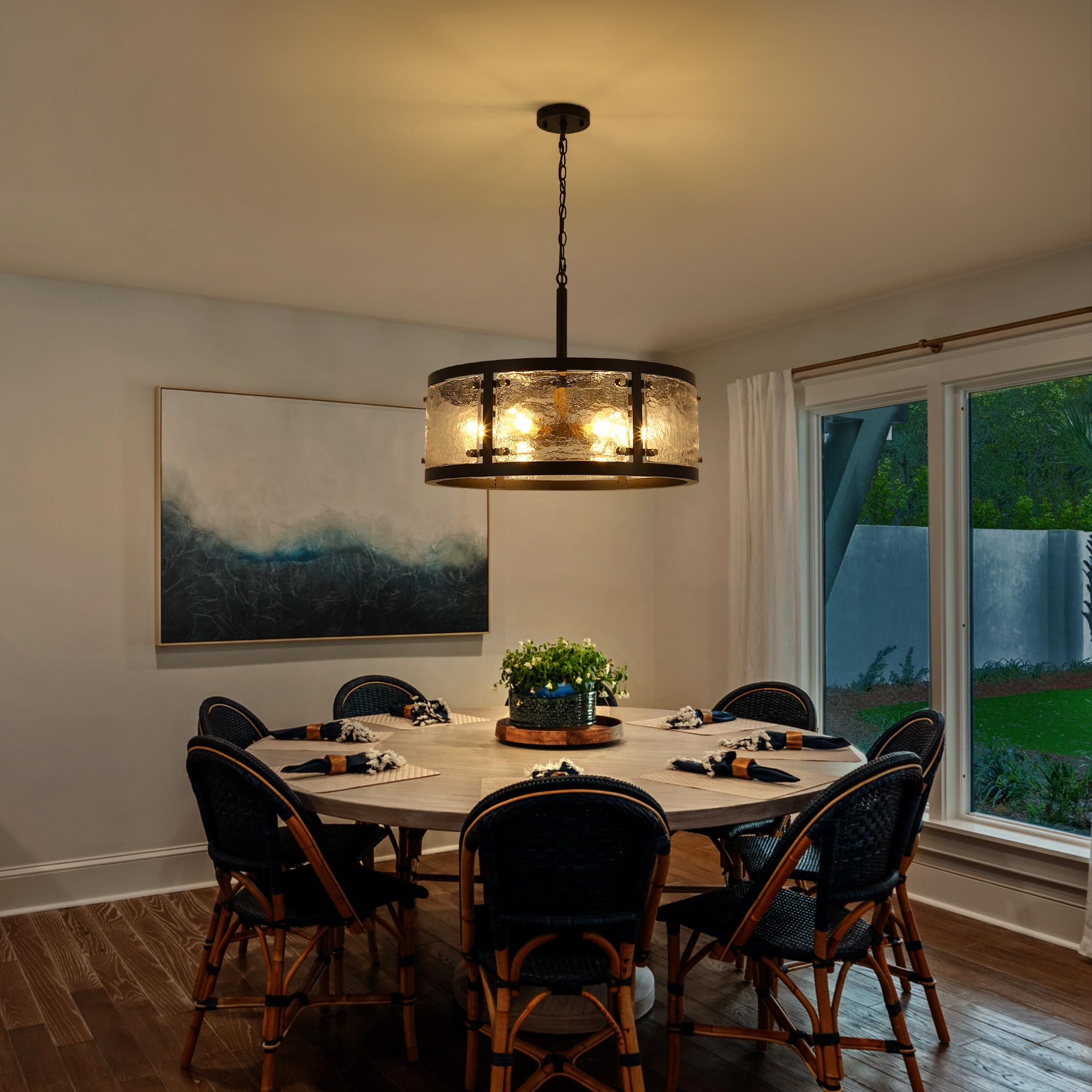 CNRATYE 23.6" Black Farmhouse Drum Chandelier, 6-Light Vintage Glass Fixture for Dining Room and Kitchen