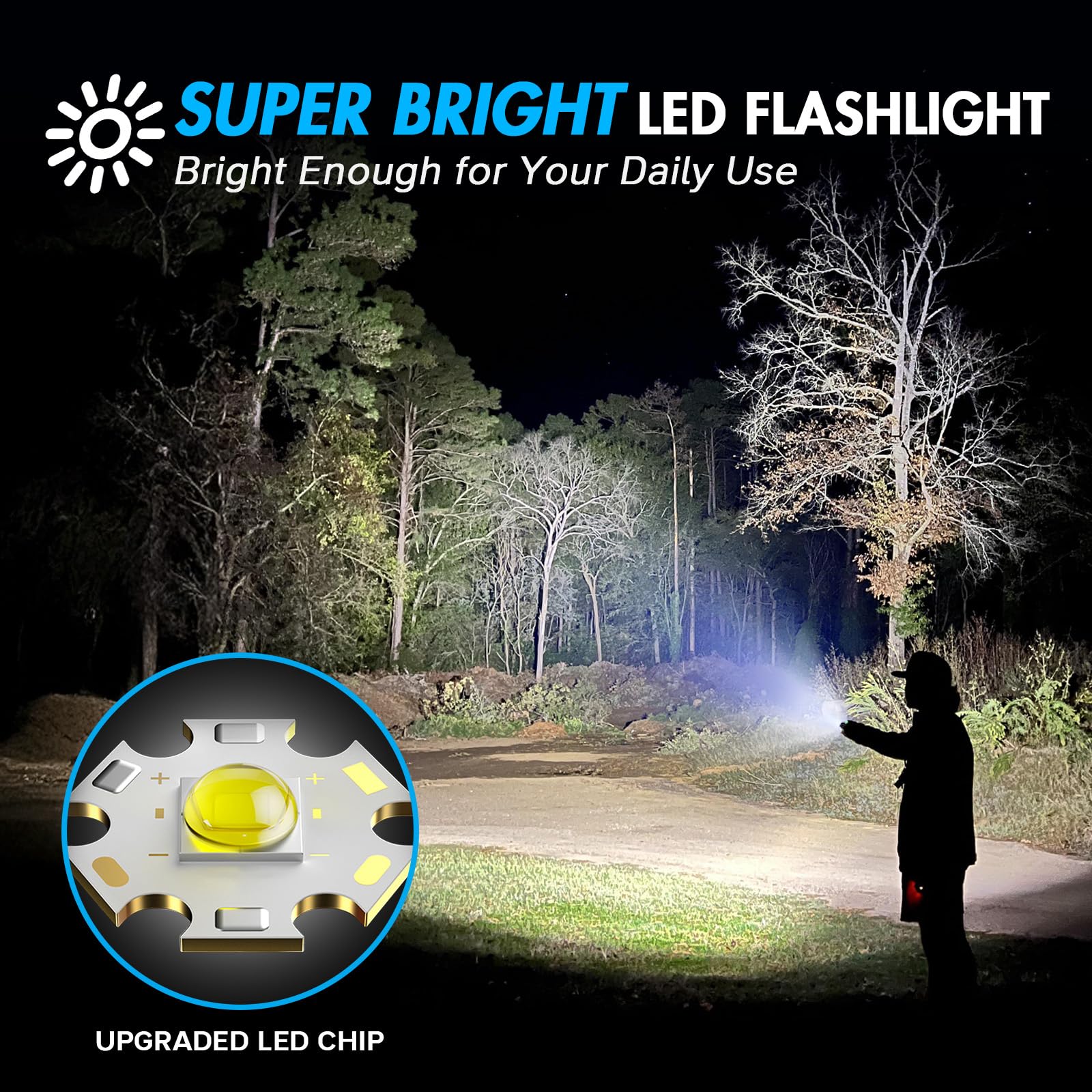 WdtPro SR2000 LED Flashlight, 2 Pack, High Lumens, Zoomable, Aluminum, Black, Tactical Light for Emergency, Camping, Hiking