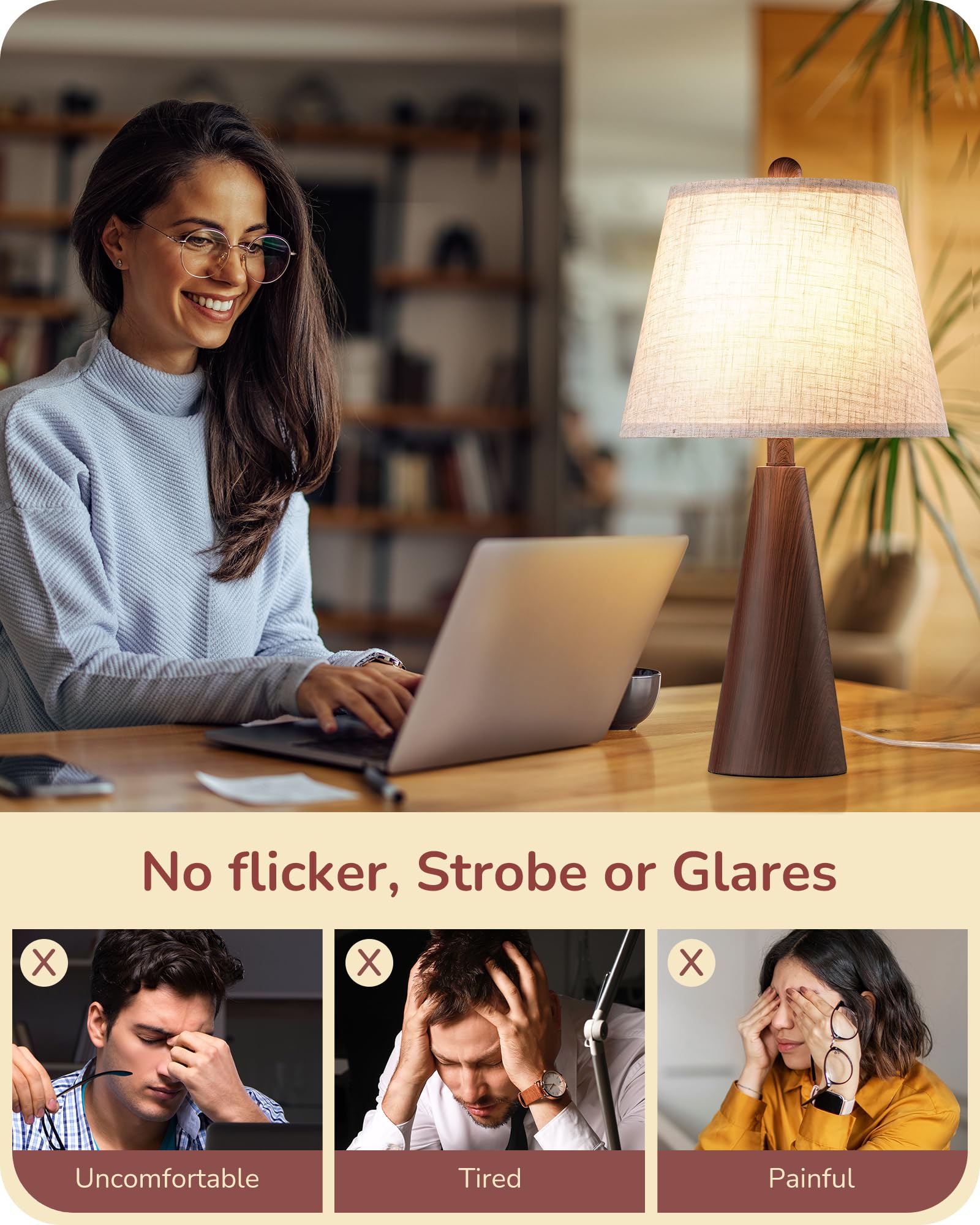 EDISHINE 21.85 Boho Table Lamp, Farmhouse Bedside Lamp, Water Transfer Red Wood Grain Metal Base, Beige Linen Shade, Rustic Nigh