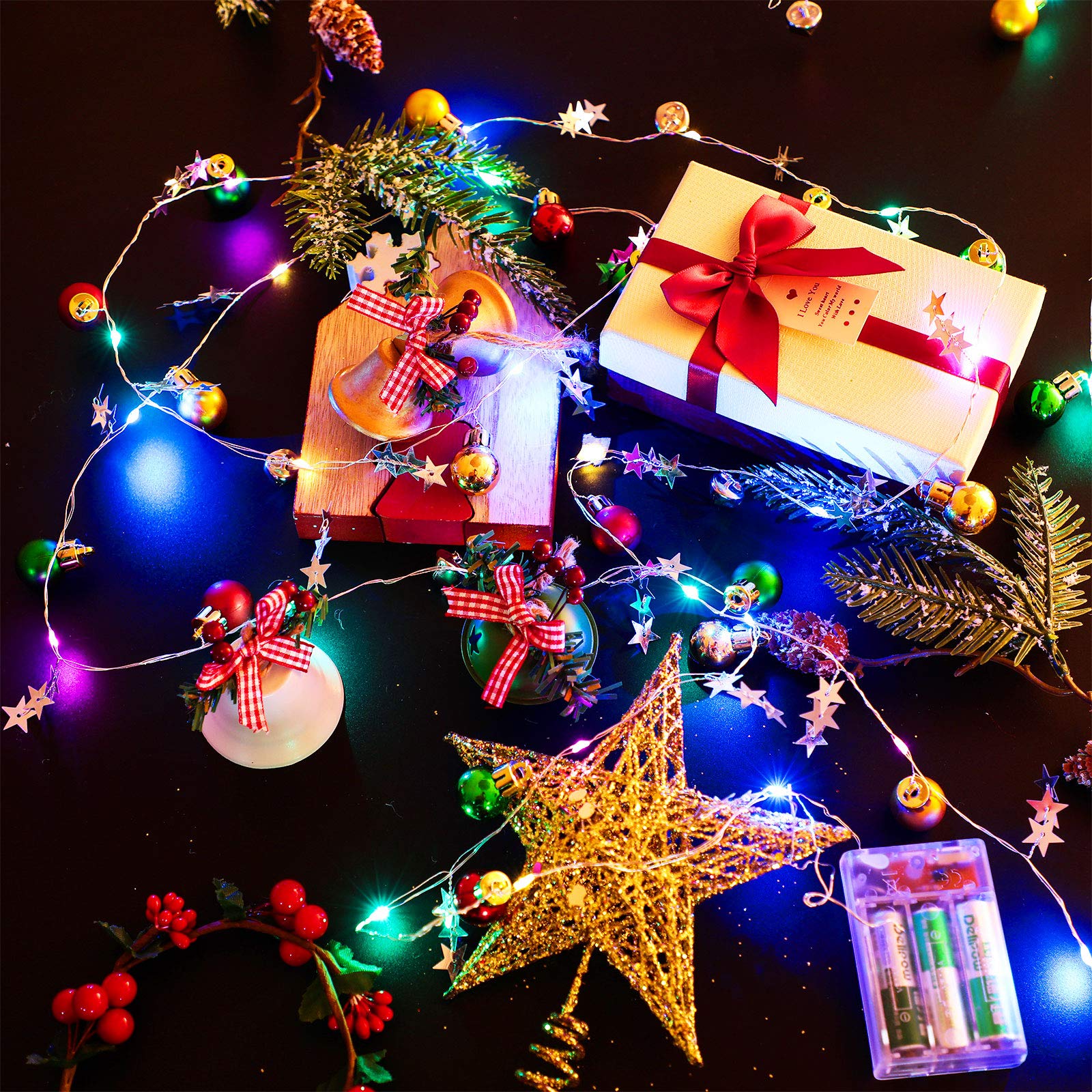 Mudder 13 Ft 40 Led Christmas String Lights Battery Operated Wire Light Fairy Led With Star And Bell Wire Lamp Indoor Decoration For Christmas Tree Ceiling Bedroom Holiday(Gold, Green, Red)