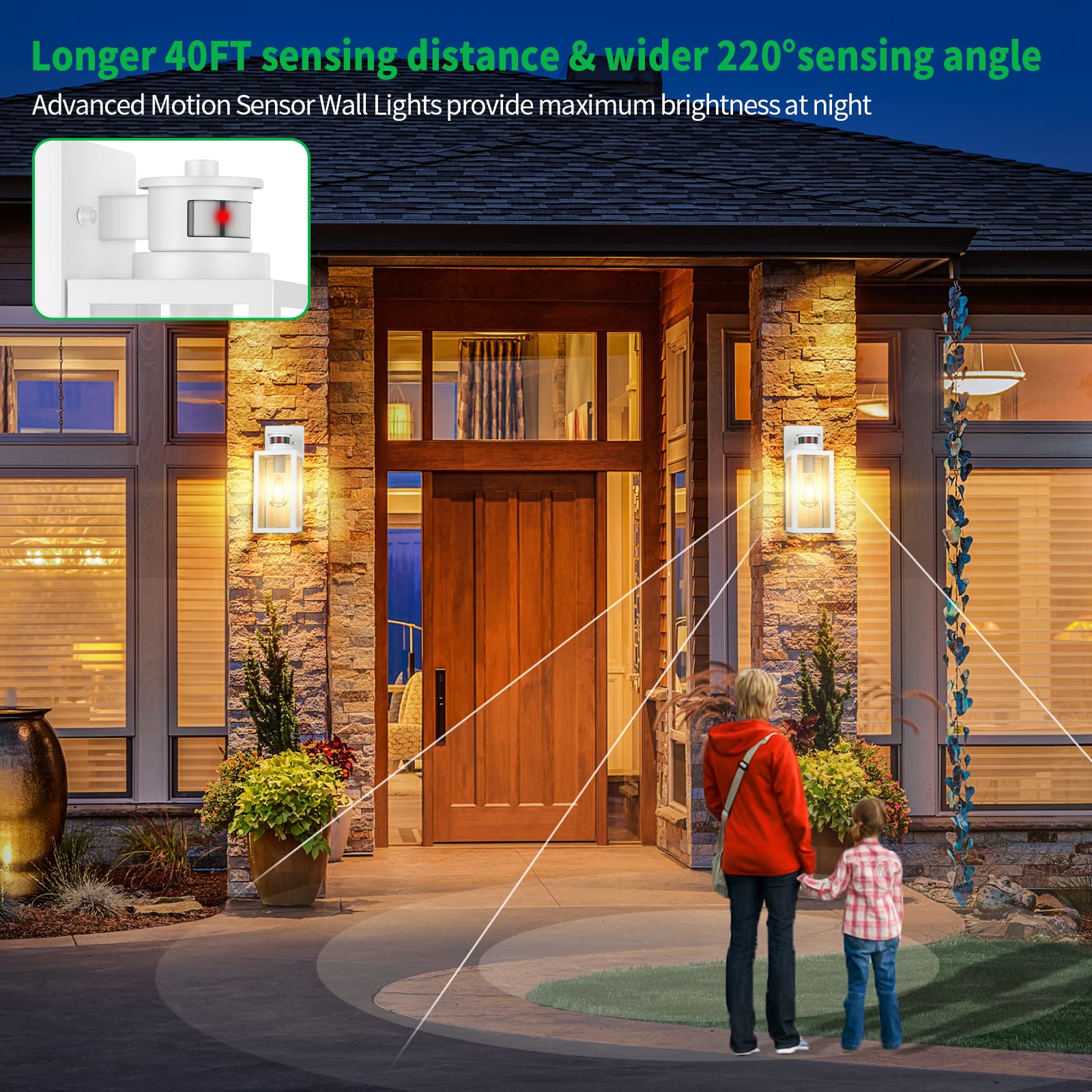 2-Pack Motion Sensor Outdoor Wall Lantern, Dusk To Dawn Exterior Light Fixtures Wall Mount, White Outside Light For House, Water