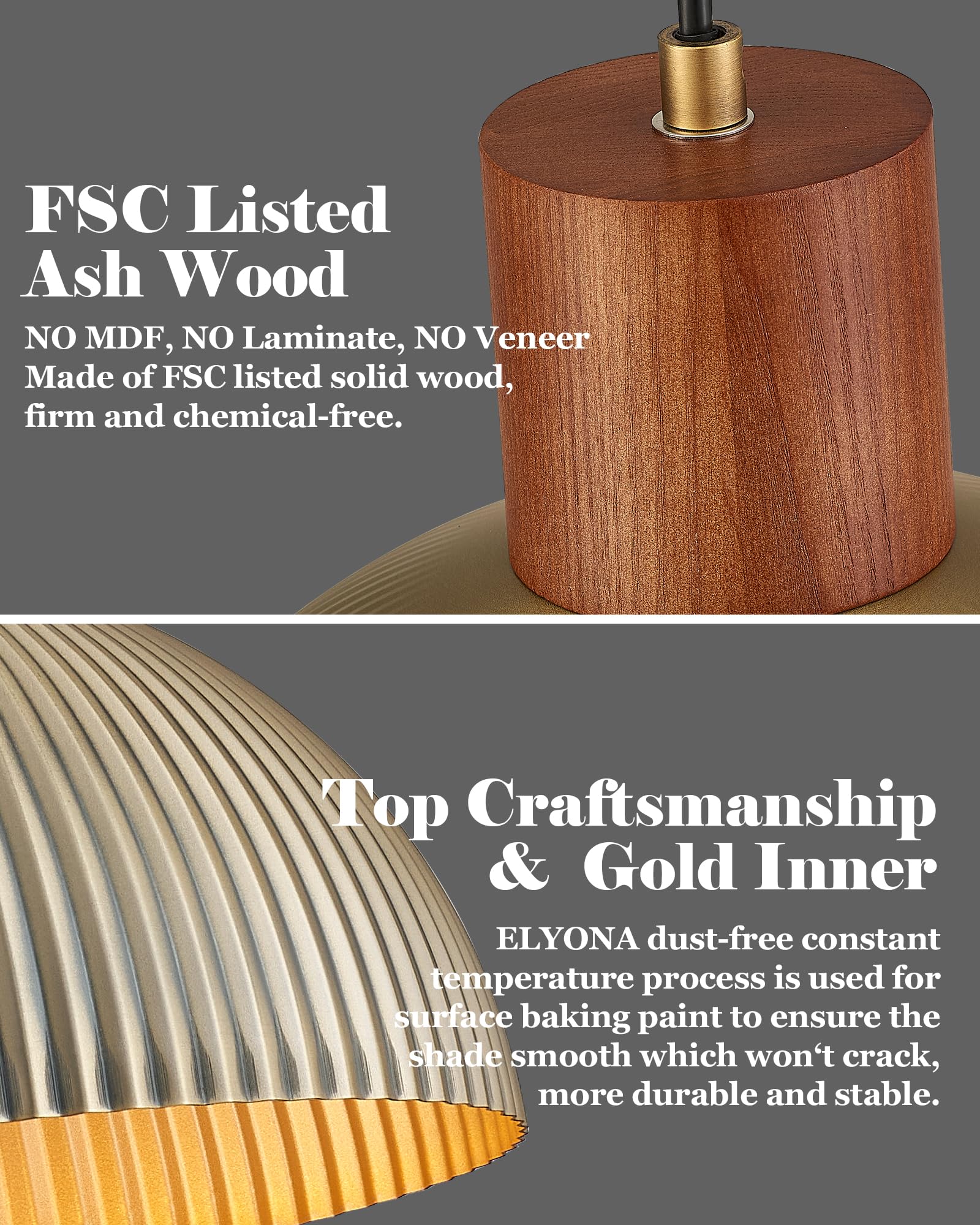 Elyona Vintage Ash Wood Dome Pendant Light 12'' Hanging Lamp With Brushed Brass Metal Shade & Gold Inner Finish, Modern Pendant