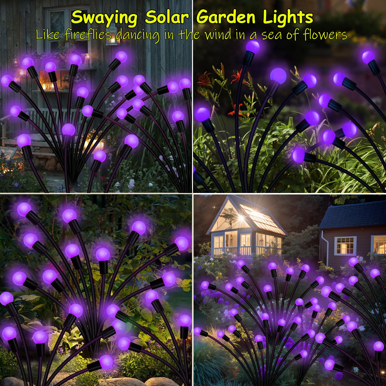 Kohlrabi Solar Garden Lights, 6 Pack, 60 LED Waterproof Purple Firefly Lights for Yard and Patio Decoration