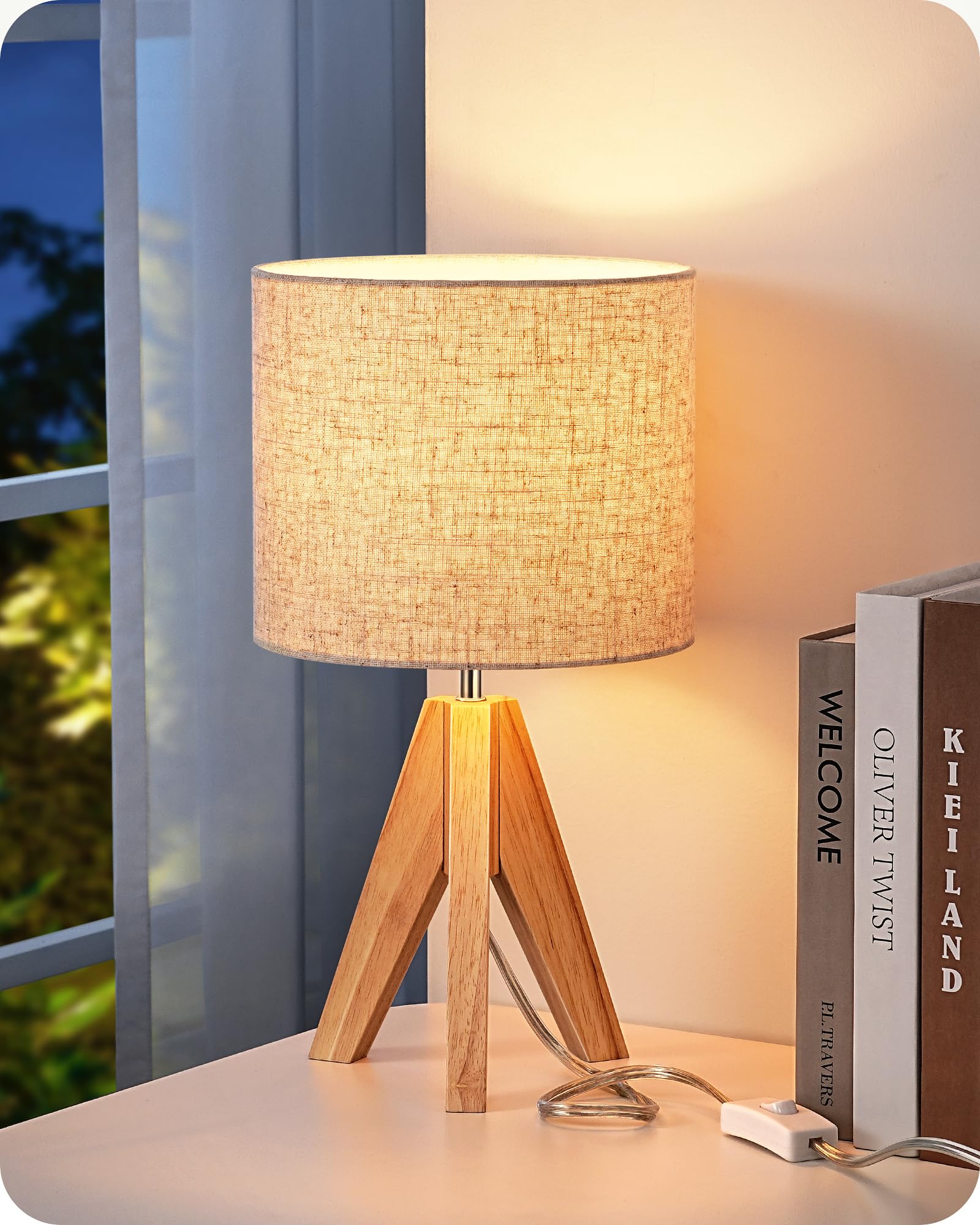 EDISHINE Small Table Lamp, Boho Bedside Lamp with Linen Fabric Shade, Wood Tripod Nightstand Lamp for Nursery, Living Room, Bedr