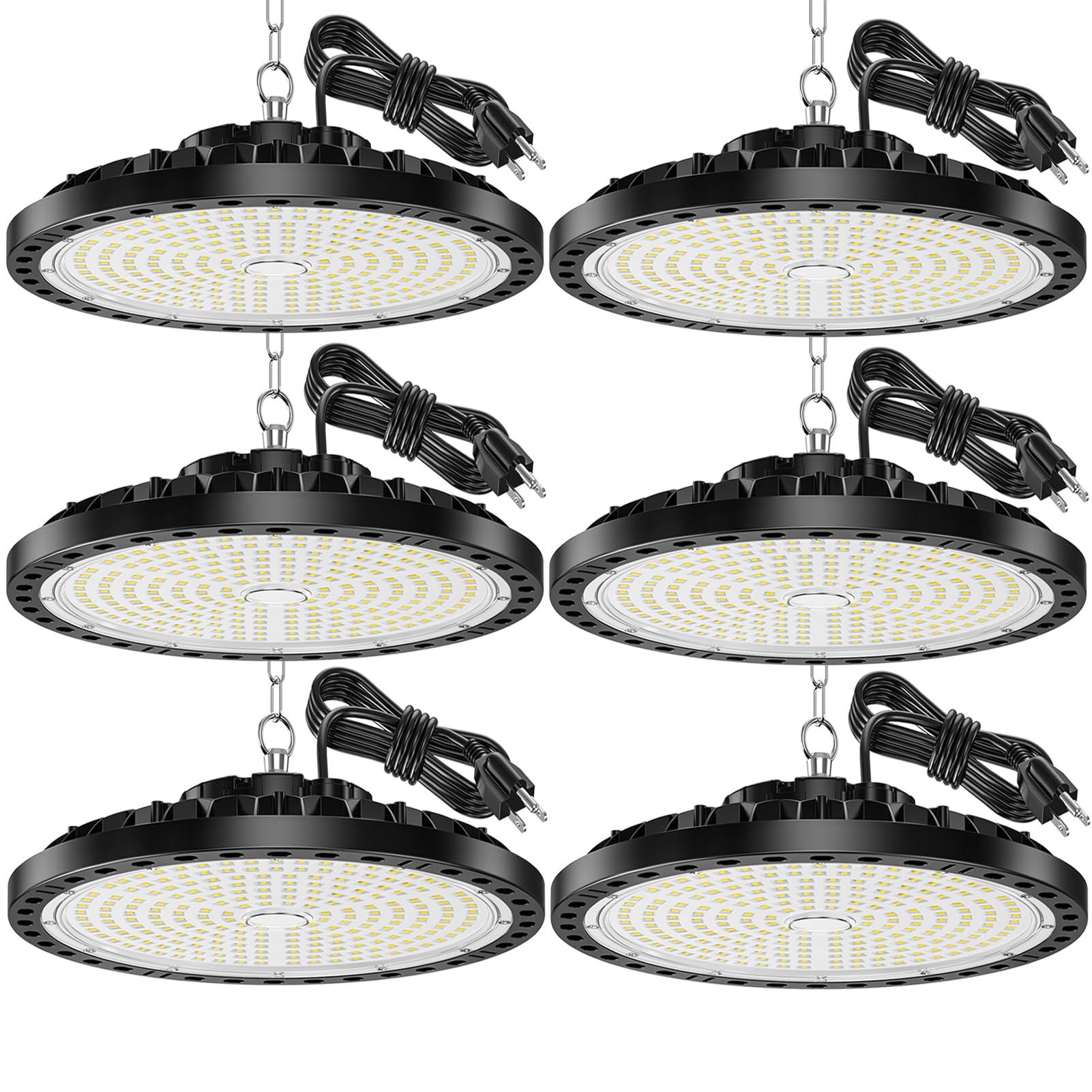 CHENGCHILIT UFO LED High Bay Light - 6 Pack 200W 28000LM High Bay LED Light with US Plug 6.56FT Cable and Transformer  7000k Daylight Shop Lights for Garage  Factory  Workshop  Barn