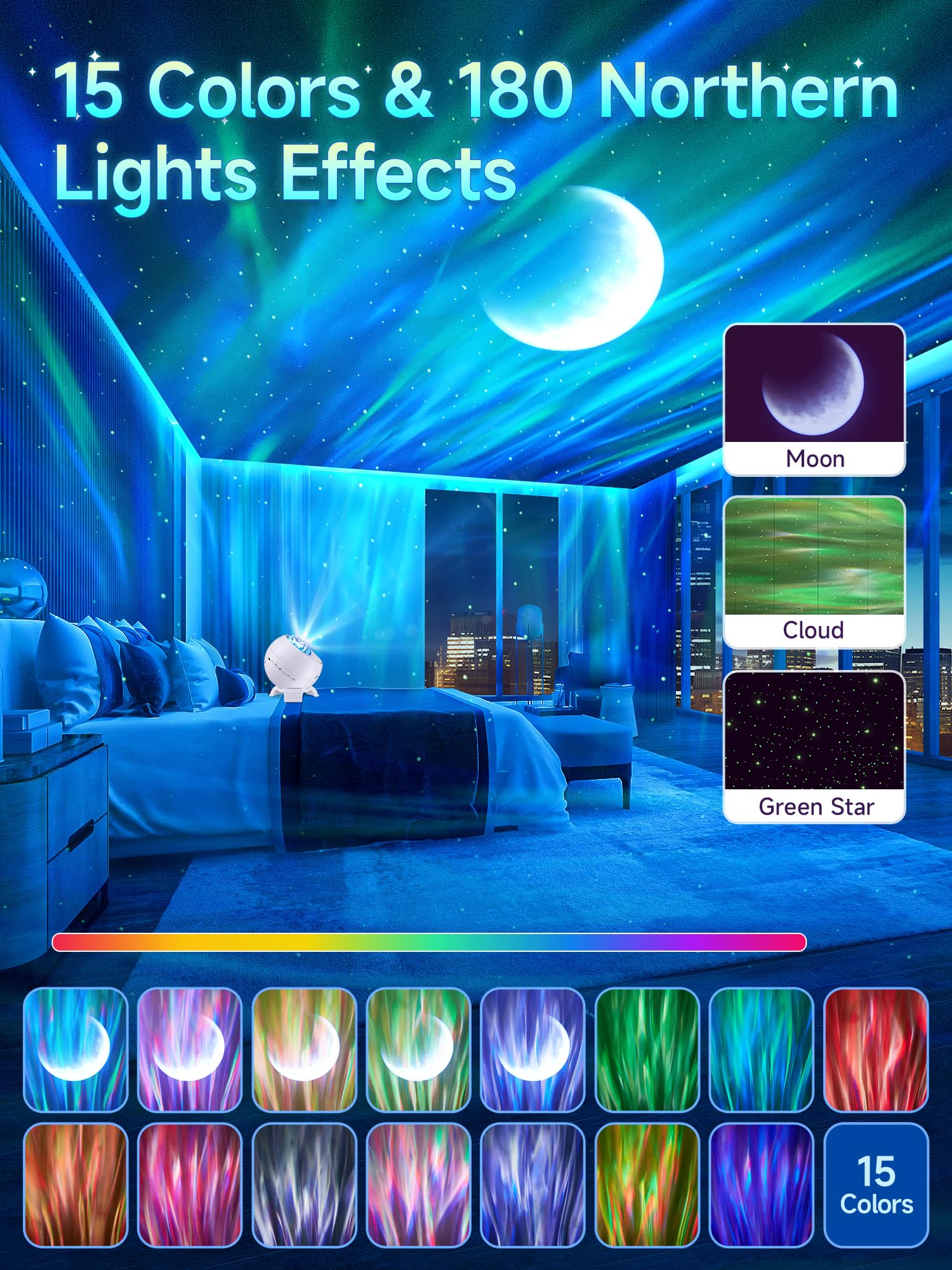 Galaxy Projector Northern Lights Projector,180 Lighting Modes Galaxy Light Projector, 15 White Noise&Bluetooth Northern Lights P