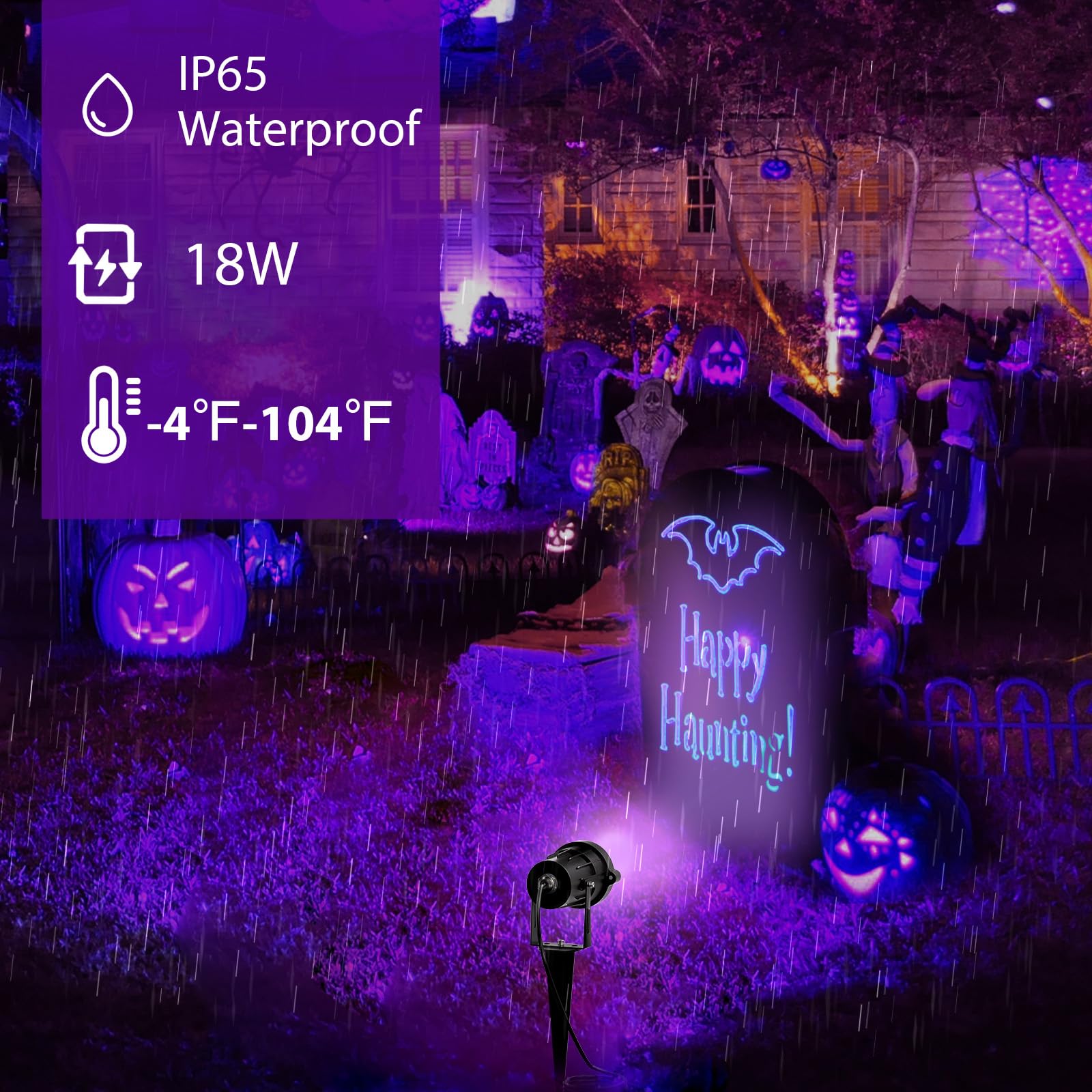 Onforu 18W Black Light Spotlight, IP65 Waterproof, 385-400nm, Plug-in for Halloween & Glow Parties, Aluminum, Black, Model A18UV (3 Pack)