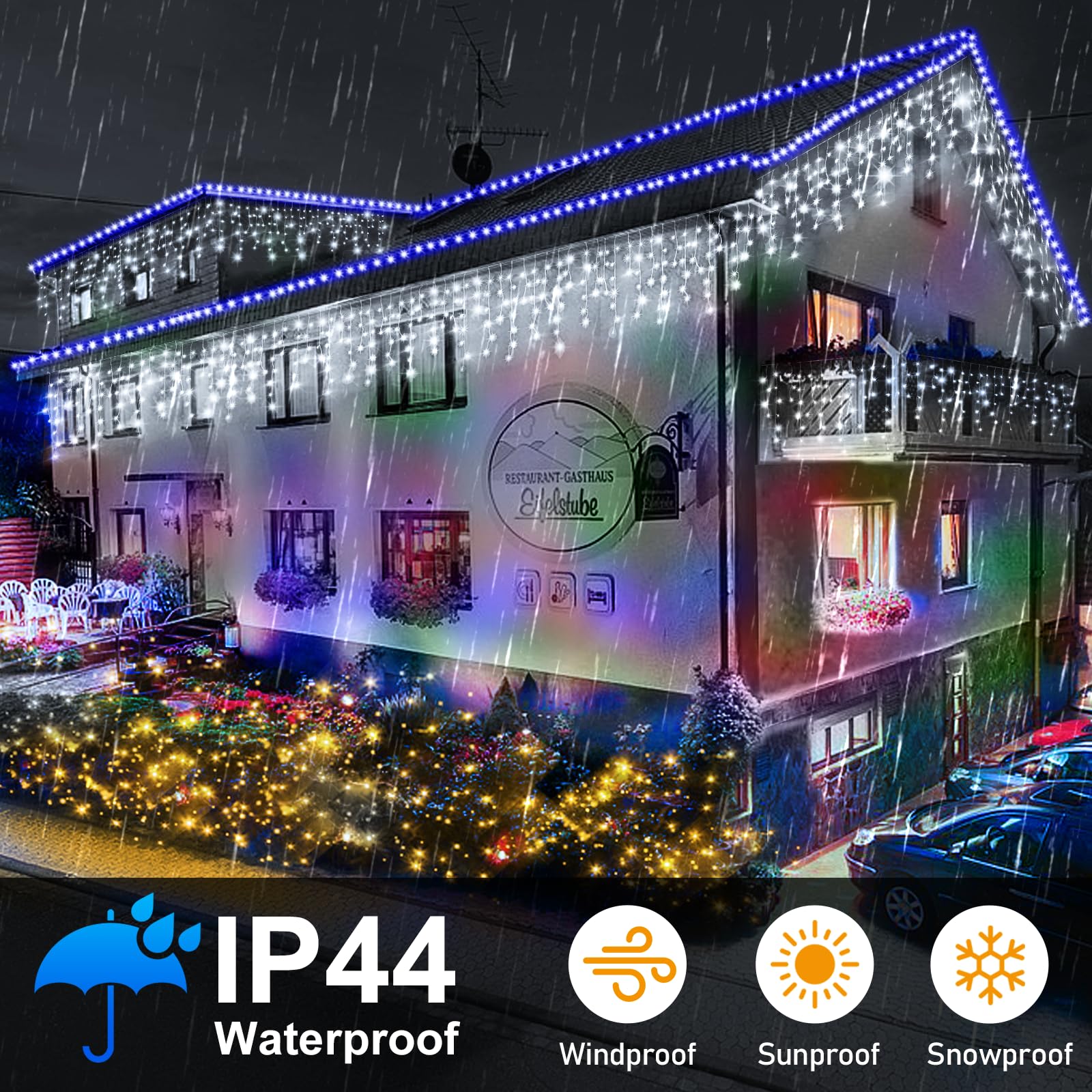 Hezbjiti Christmas Lights Decorations Outdoor, 800 Led 65.6 Ft 8 Modes 150 Drops Fairy String Curtain Lights For Christmas Decor Eaves Window Party Yard Garden Indoor (Cold White)