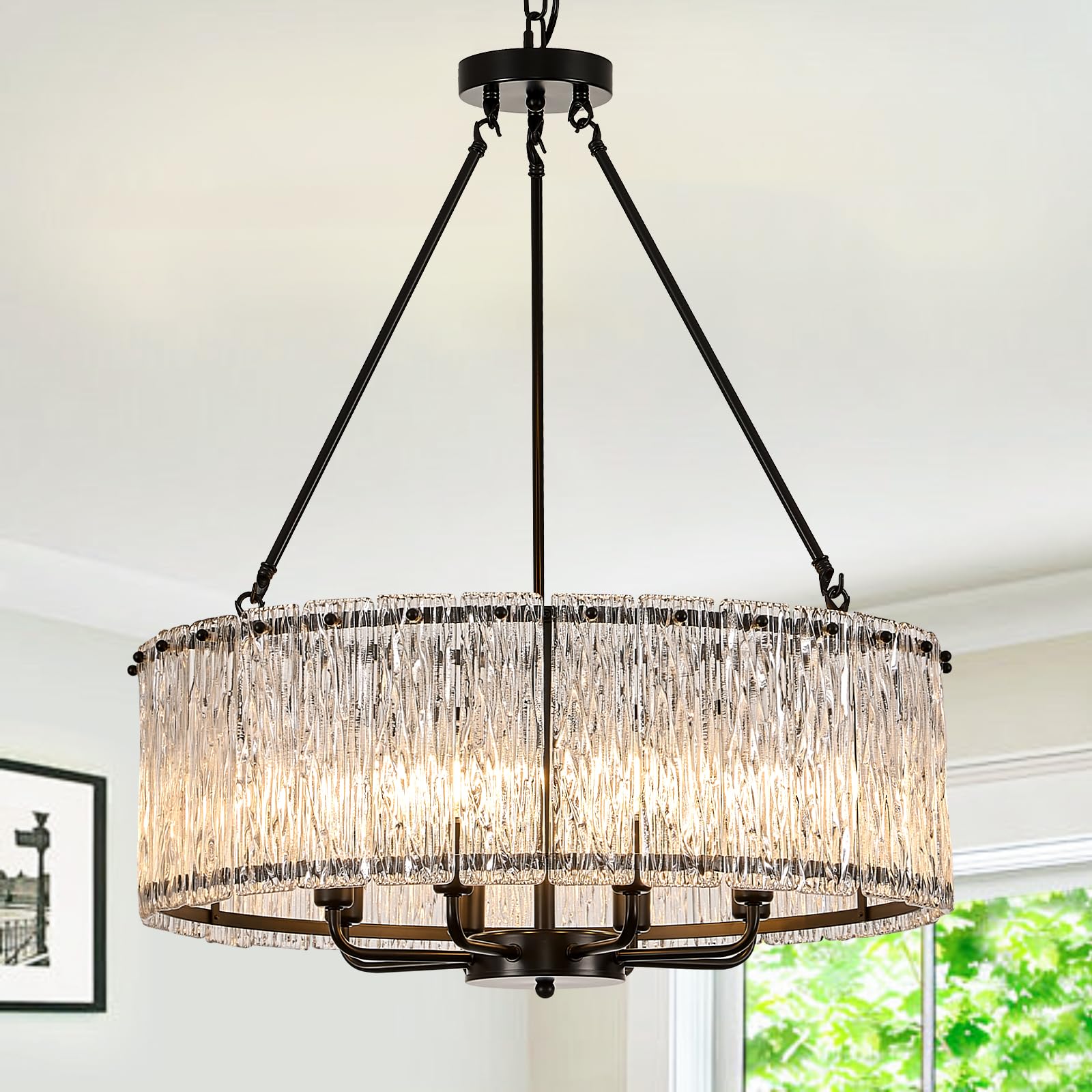Modern Drum Chandelier 24.4 Black Crystal Glass Chandeliers 8-Light stylish Ceiling Pendant Lighting Fixture For Dining Room Foyer Living Room Bedroom