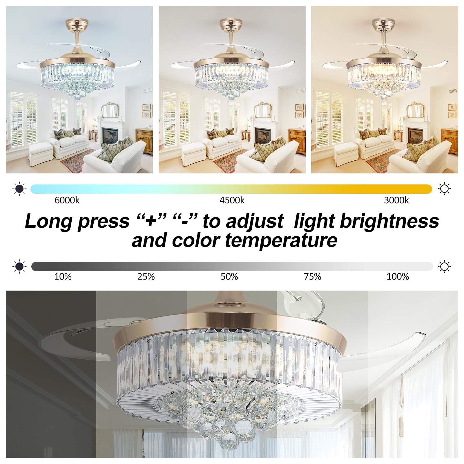 WWahuayuan 48in Modern Chandelier Ceiling Fan, Crystal Light, Remote Control, 6 Speeds, Gold, Model HYGX02GD-48