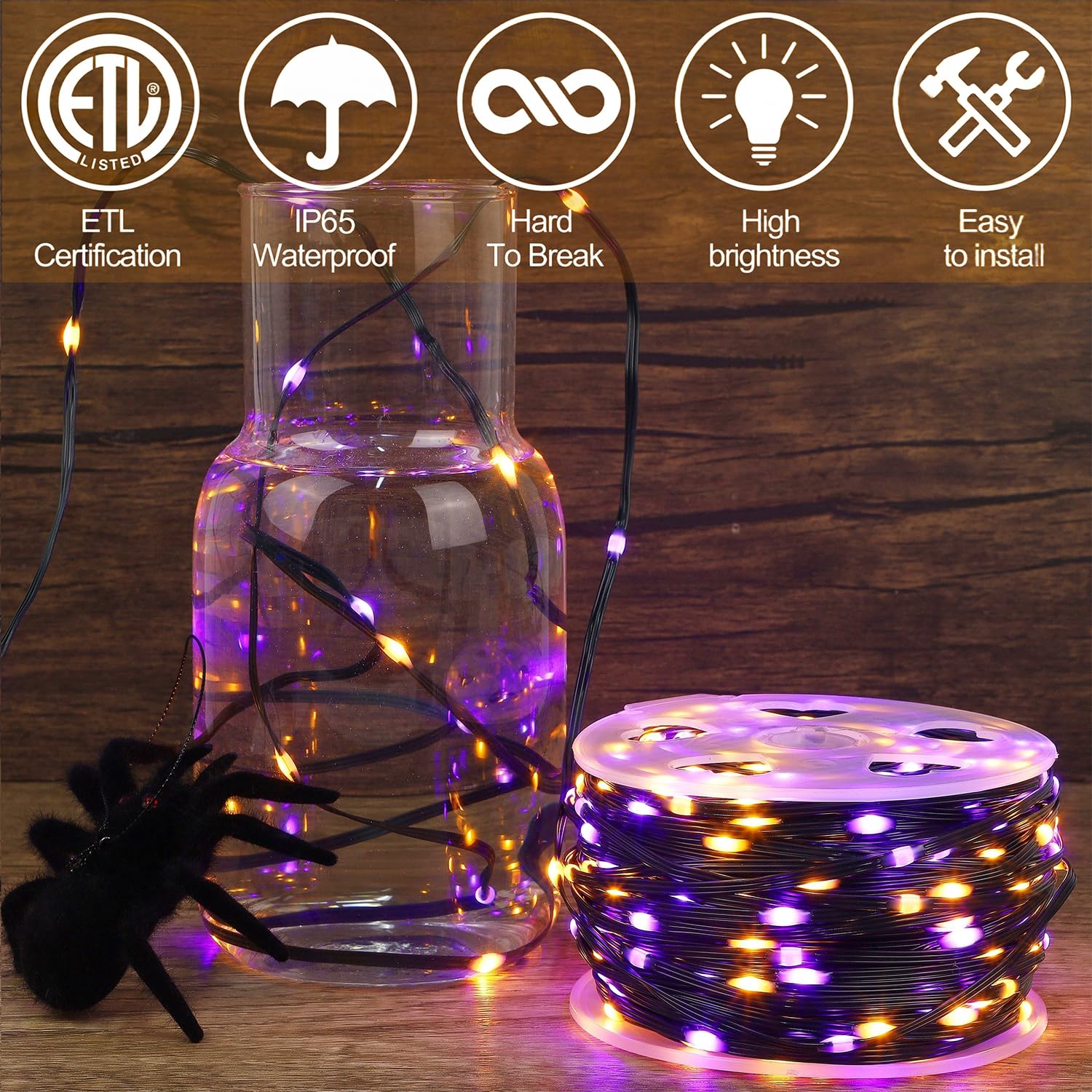 WATERGLIDE 328FT 1000 LED Outdoor Halloween Lights, Waterproof Orange & Purple Fairy String Lights, Model HBB-1000COI, 8 Modes