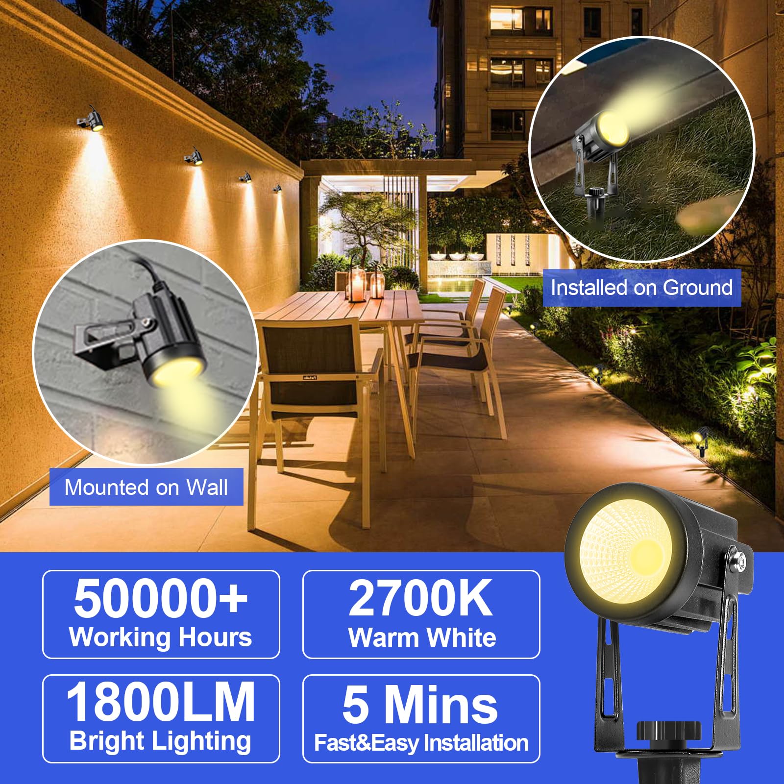 GreenClick Landscape Lighting - 3W 12V Extendable Outdoor Spotlights, 1800 Lumen, IP65 Waterproof, 6 Pack, Warm White, Model TG018J13A6