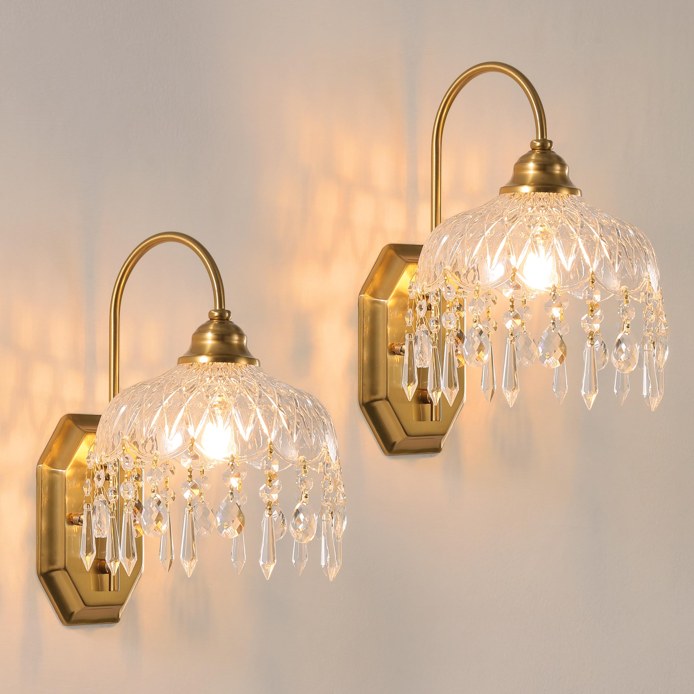 LOSNEOLAZ 2-Pack Vintage Wall Sconce,Glass Crystal Wall Sconce, Antique Brass Finish Set of Two for Bedroom Bathroom Hallway Liv