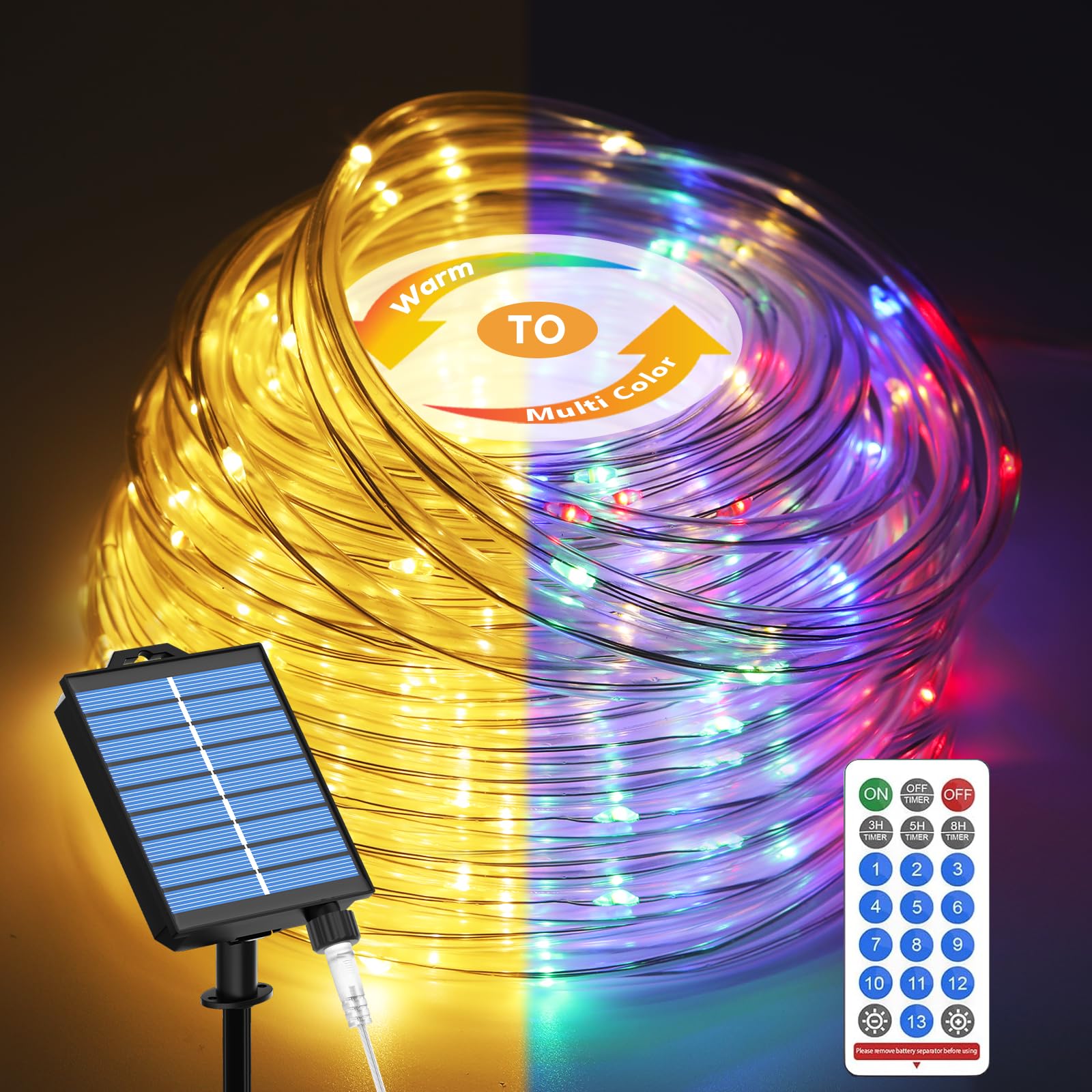 ICRGB Solar Outdoor Rope Lights, 66Ft 200 LED Christmas Outdoor String Lights with Remote, 13 Modes & Timer, IP67 Waterproof, Solar Light for Tree Patio Porch Christmas, Warm White to Multicolor
