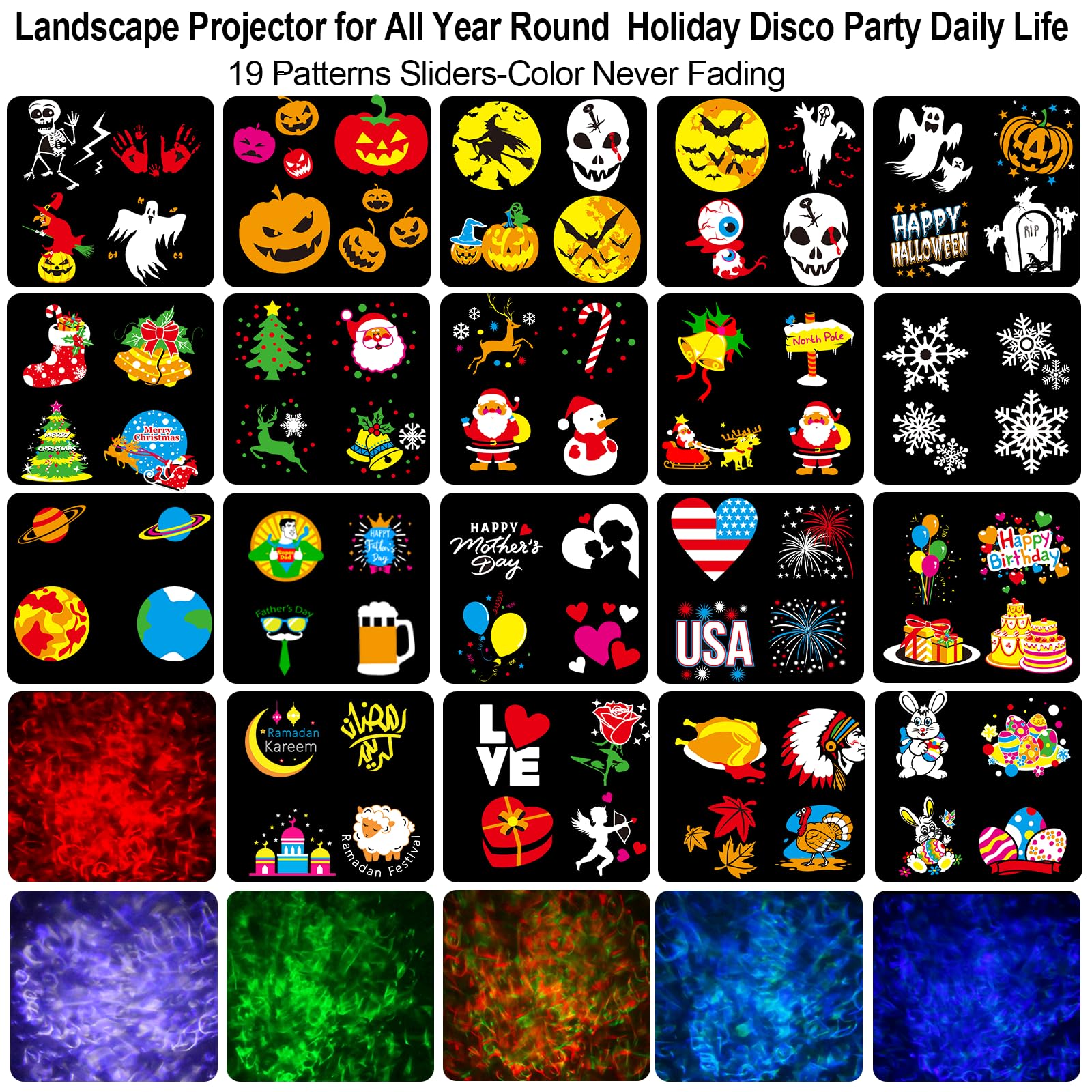 FLITI Holiday Projector Lights, 19 HD Replaceable Slides, 3D Ocean Wave & Patterns, Model TC04, Black-H, Weather Proof