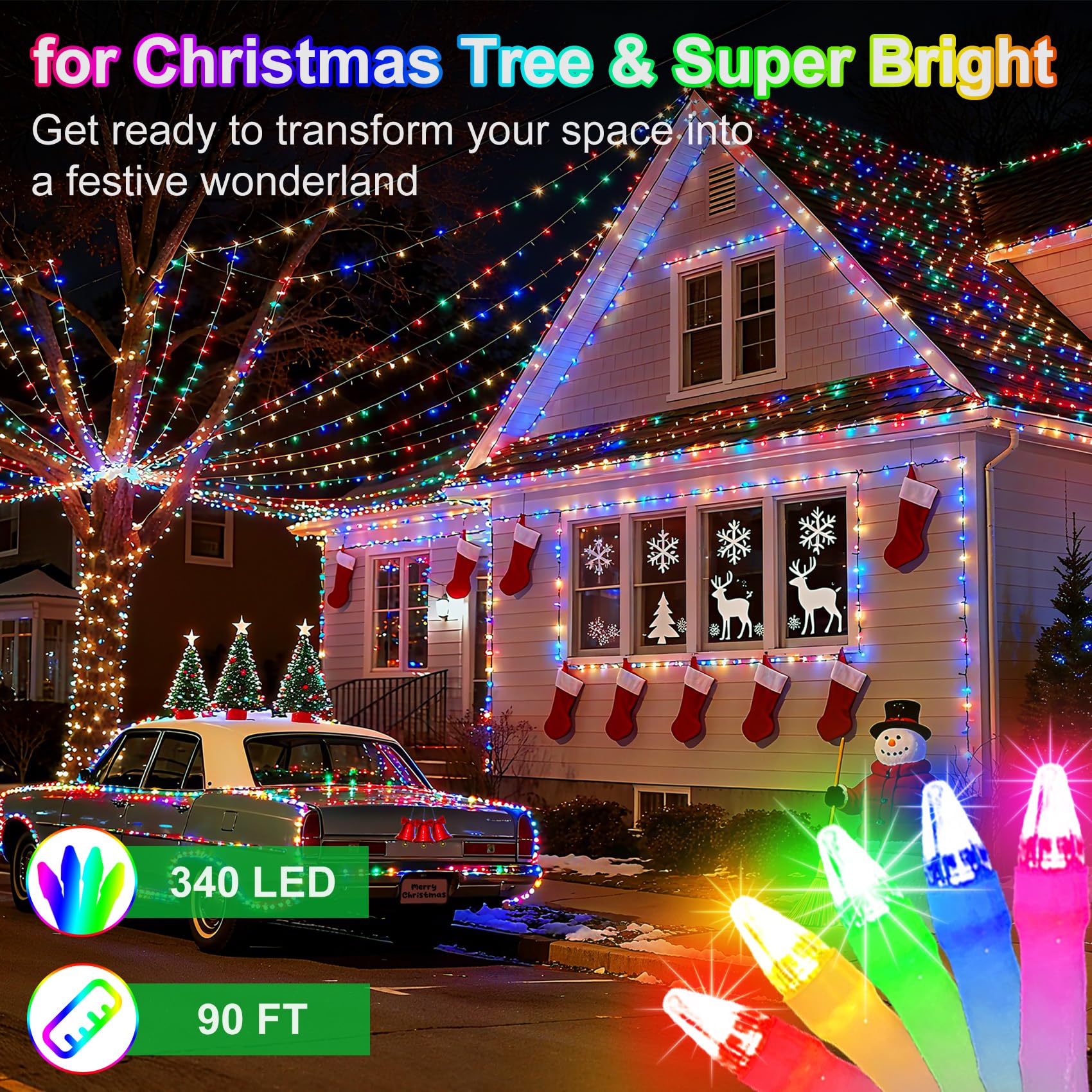 340 Led 90Ft Christmas String Lights Outdoor  12 Pro Modes And Timer Memory & Brightness  Plug In Outdoor Waterproof Clear Wire Twinkle Light For For Xmas Yard Tree Wedding Party Decor (Multicolor)