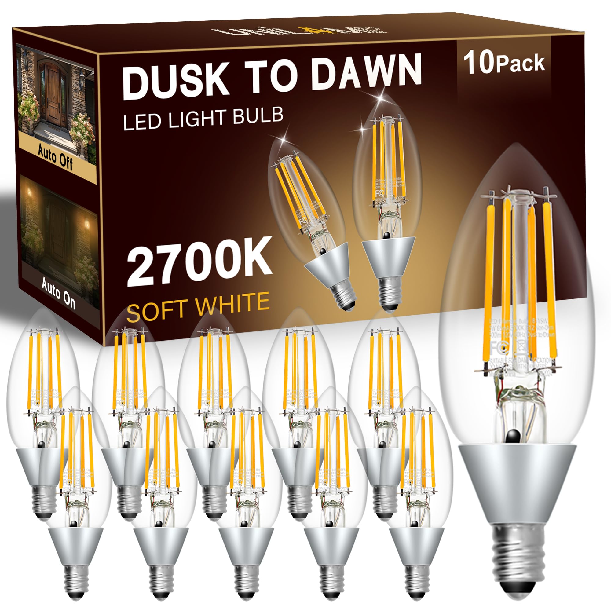 UNILAMP Dusk to Dawn Candelabra Light Bulbs, 5W Equivalent 40W, 2700K Soft White, E12 Base, 500LM, 10 Pack