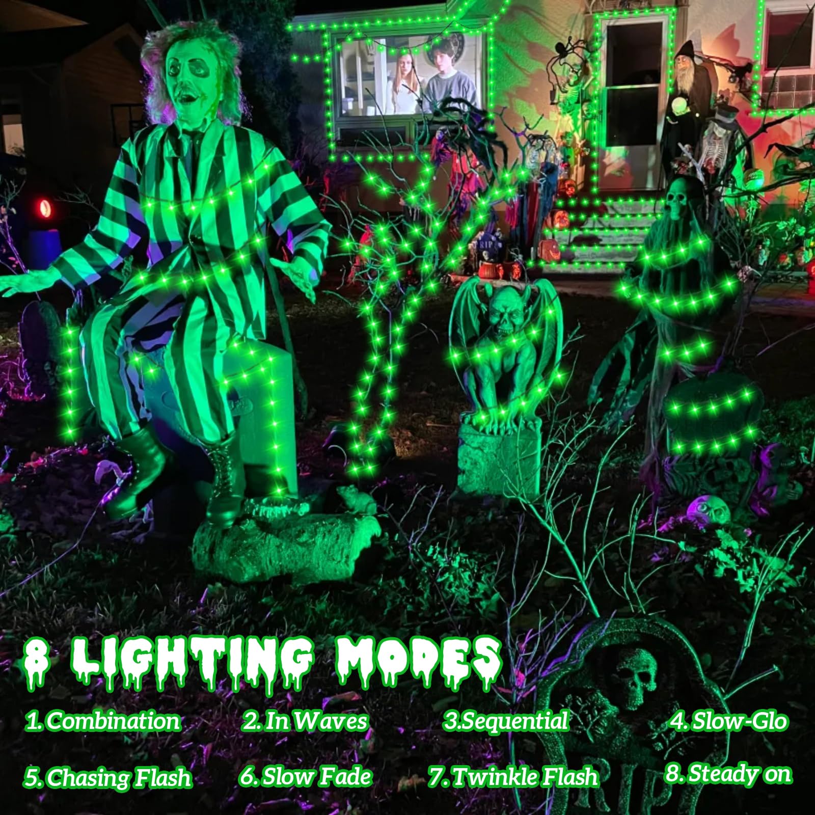 QITONG Green Solar String Lights, 200 LED, 66ft Each, 2 Pack, Waterproof, 8 Modes, Copper Wire