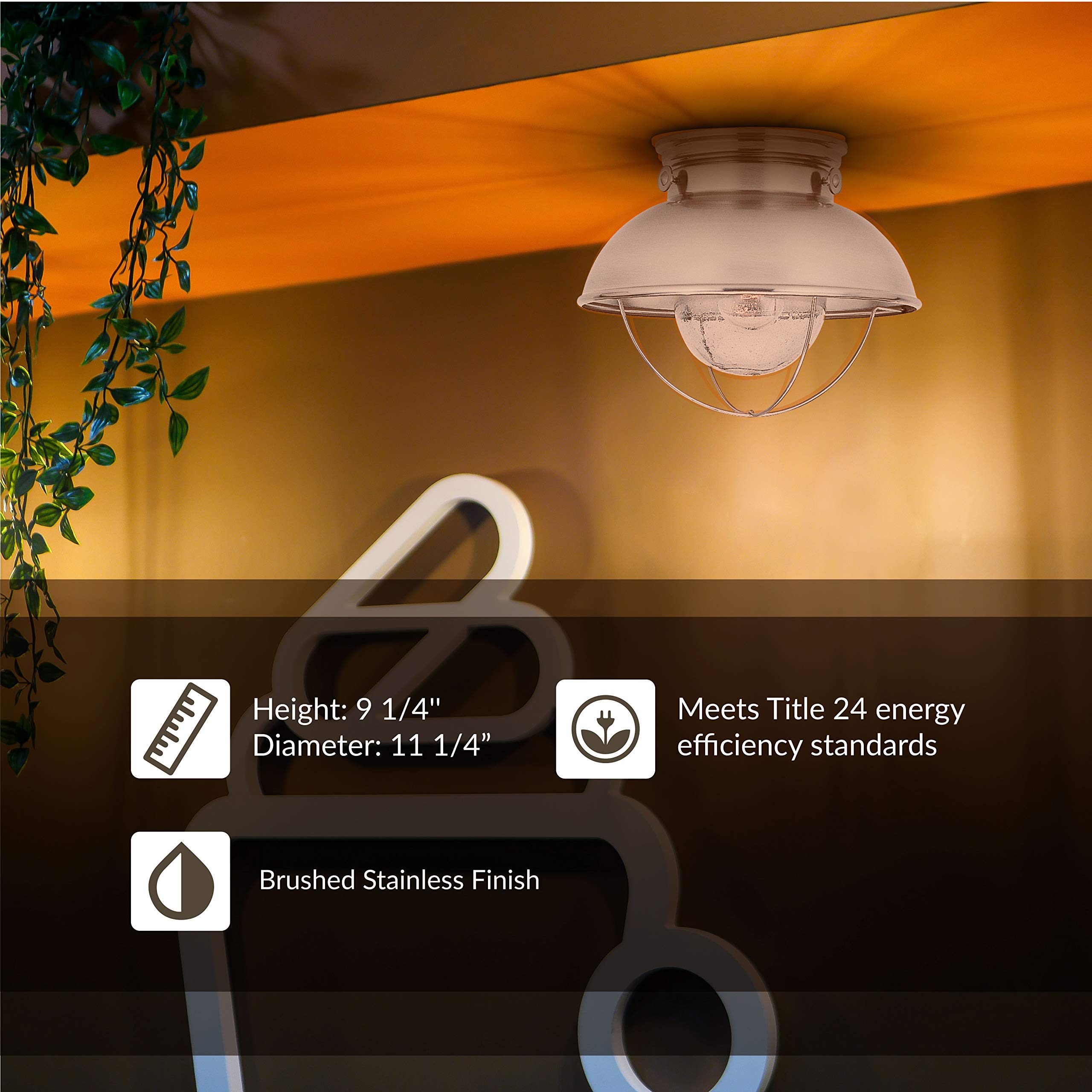 Sea Gull Lighting 8869-98 Sebring Transitional One-Light Outdoor Ceiling Flush Mount Outside Fixture, Brushed Stainless Finish