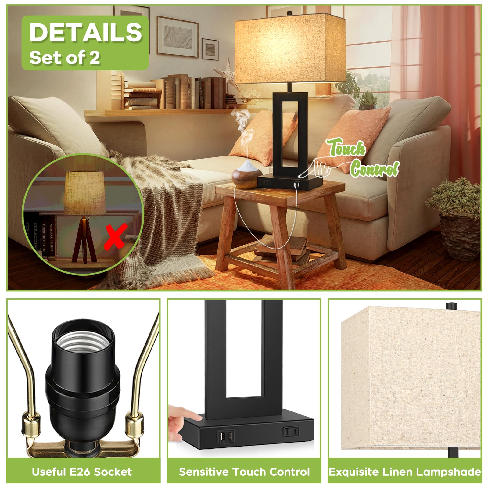 TOBUSA 28" Touch Control Table Lamps Set of 2, Dimmable with USB Ports, Metal, Black & Beige, Model T0344L-BK+AP-27