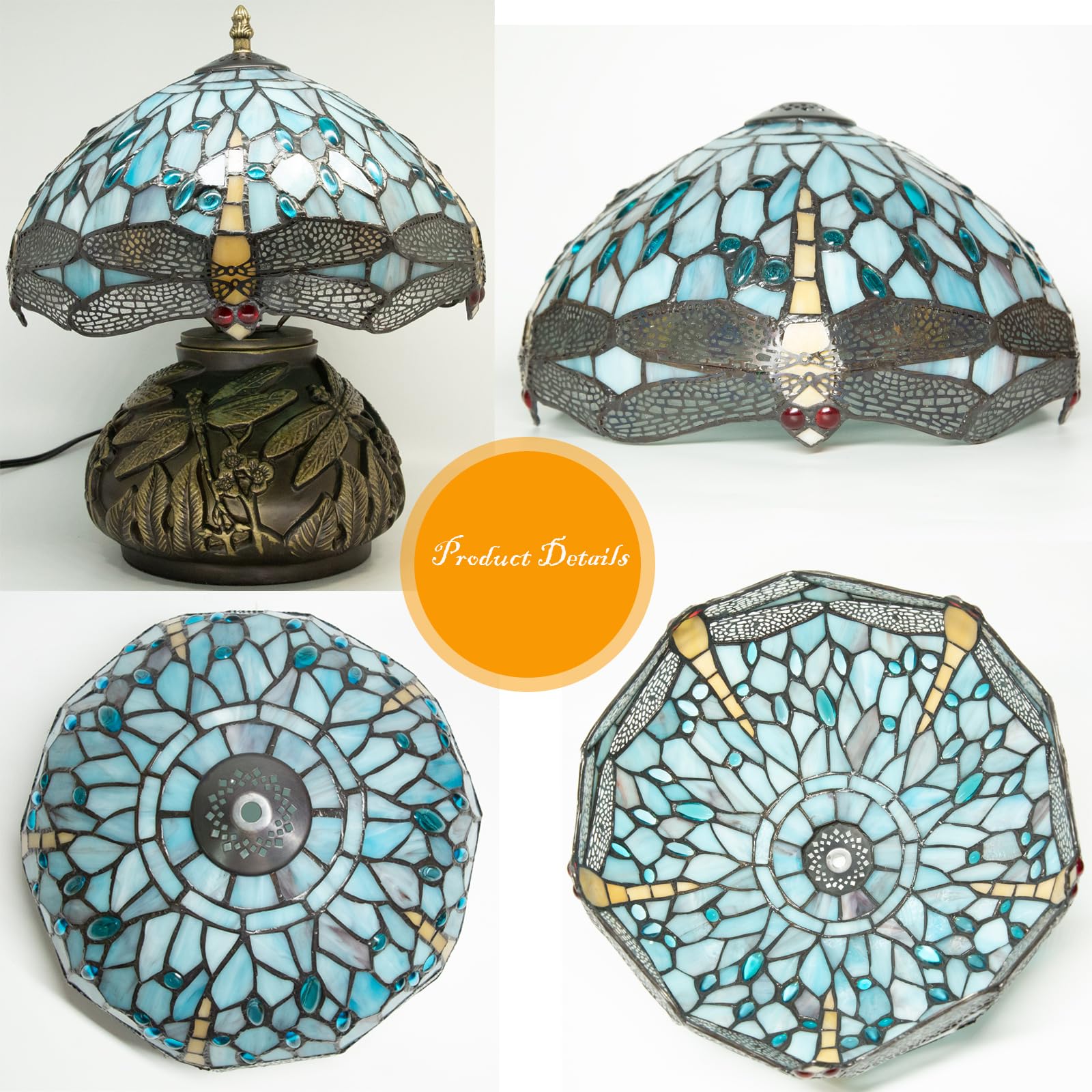 Ppbmocw 12 Inch Dragonfly Tiffany Lamp With Remote Control, Adjustable Brightness And Color Temperature, E26 Bulb, 9W, Ocean Blu