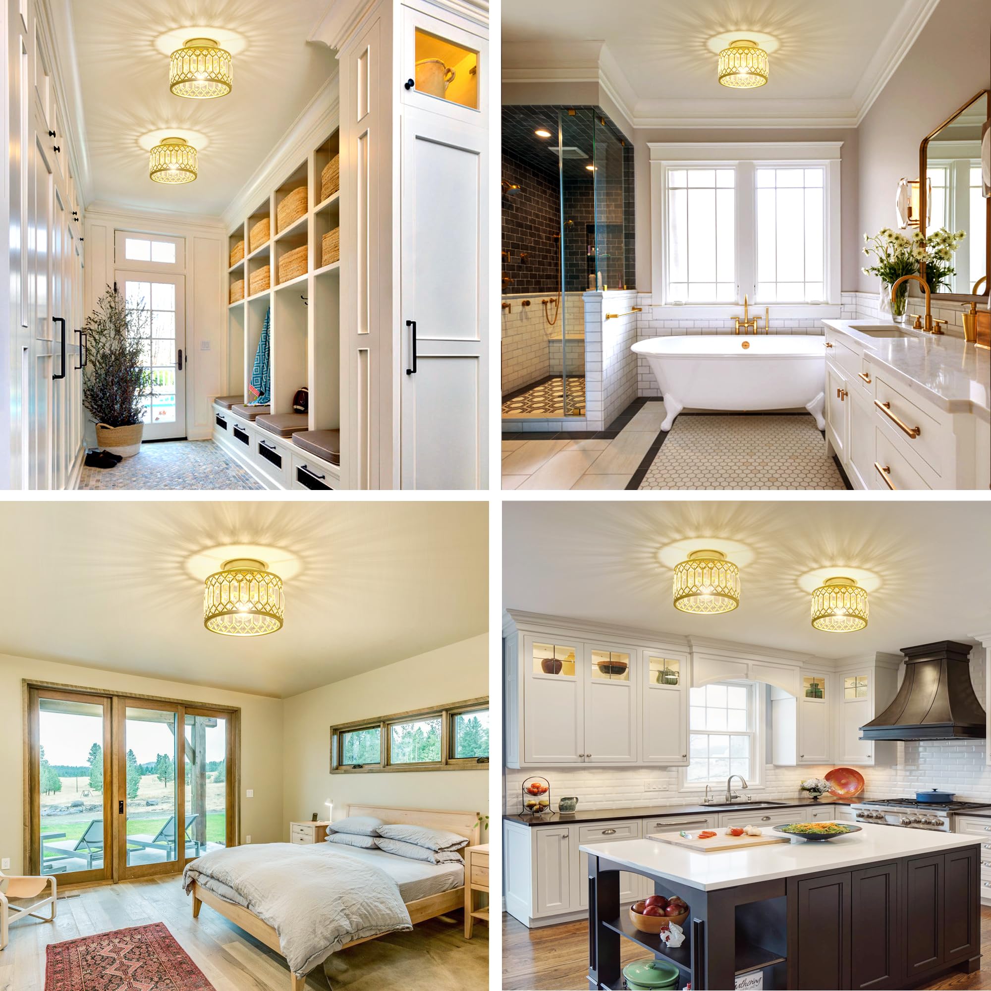 Rpzloila Crystal Ceiling Light, Modern Semi Flush Mount Ceiling Light, Gold Crystal Chandelier For Kitchen Bedroom Bathroom Entr