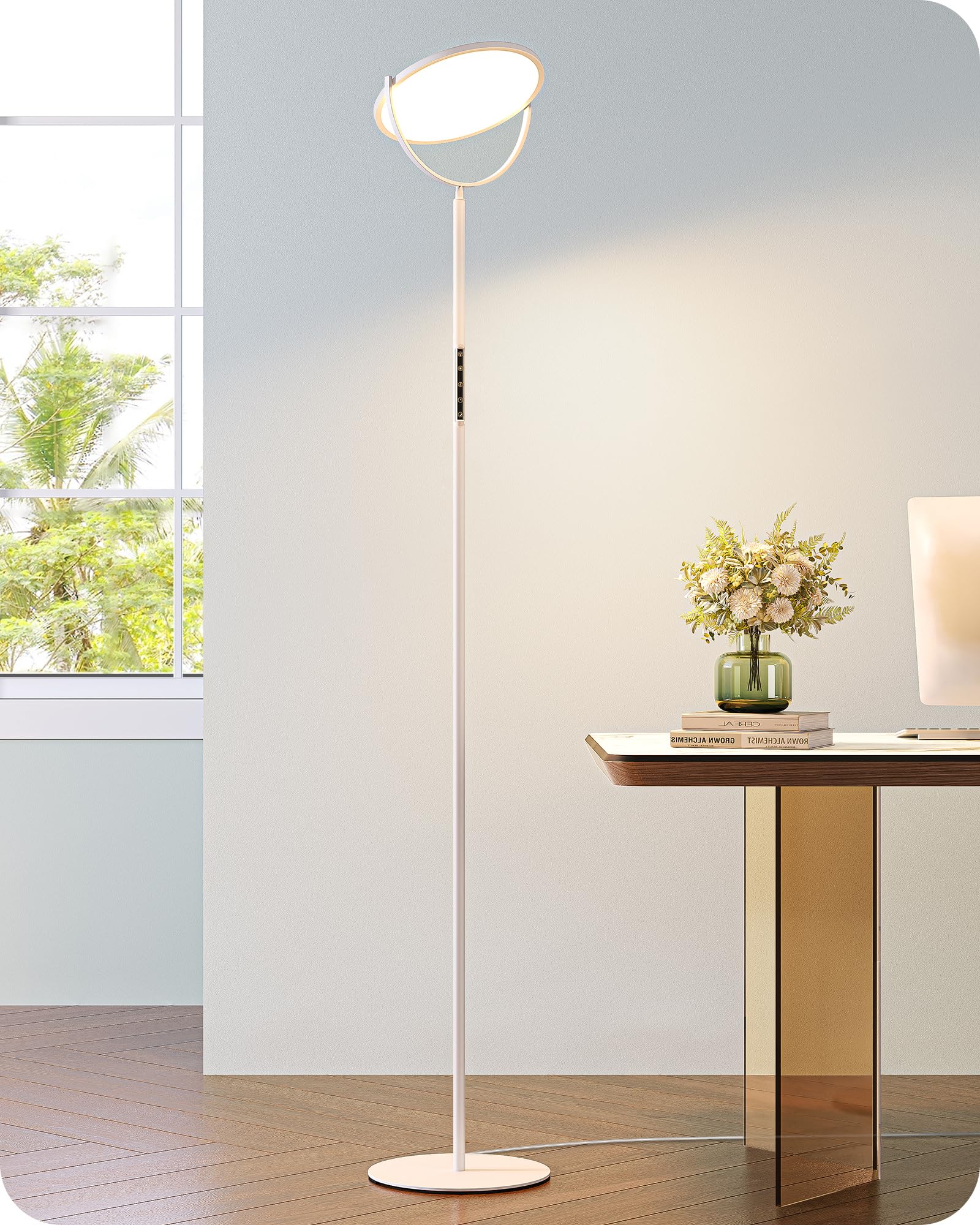 EDISHINE 76in Tall Floor Lamp, 28W 2500LM LED, Dimmable 2700K-6500K, Modern White Torchiere with Remote, Model H