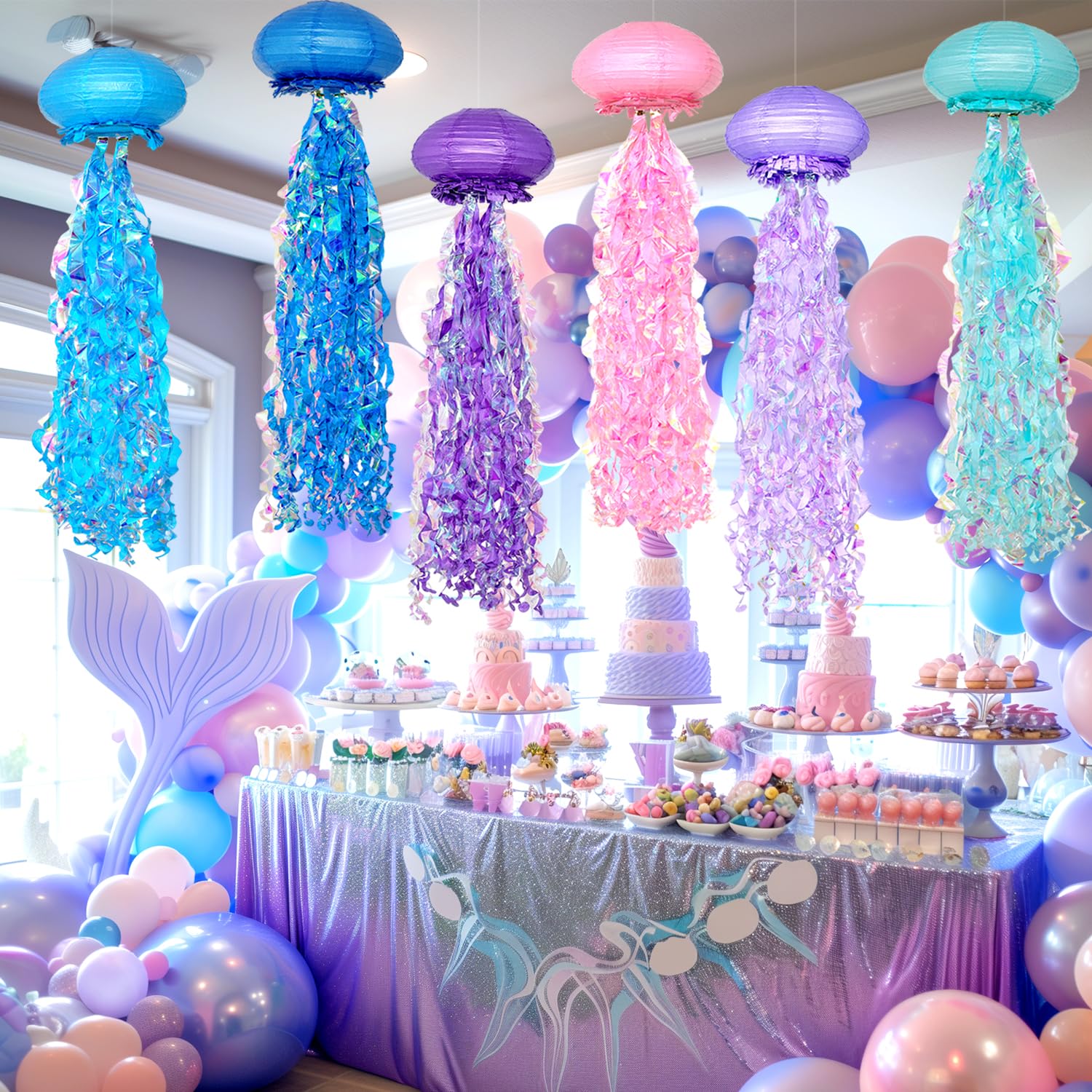 OBXT Hanging Jellyfish Lanterns - Multi-Color, Ocean-Themed Decor, 6 Pack, Model BlueB7