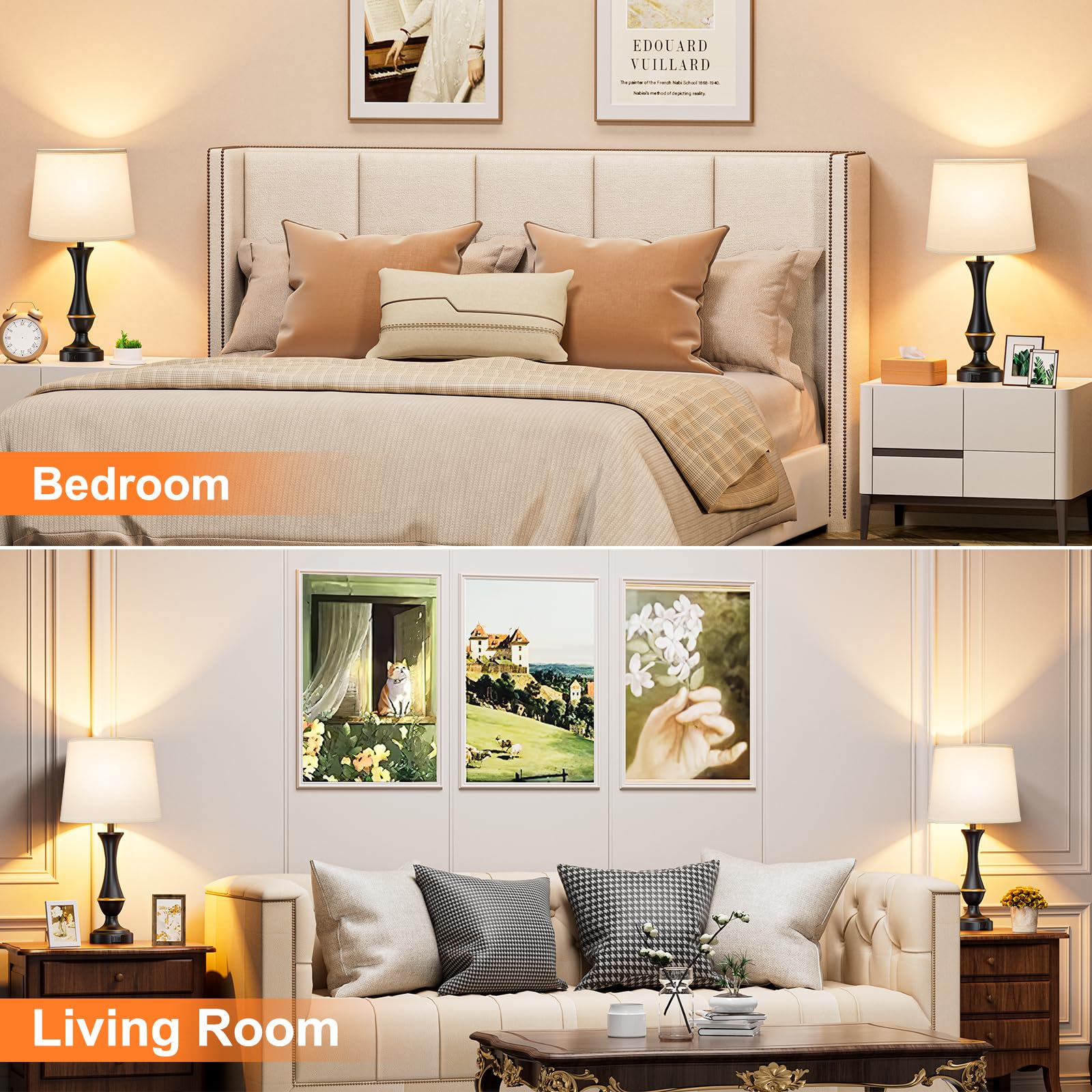 Seealle Upgraded Touch Lamps Set of 2 - 3 Way Dimmable, USB C+A, White Shade & Black Base for Bedrooms, Living Room, Office