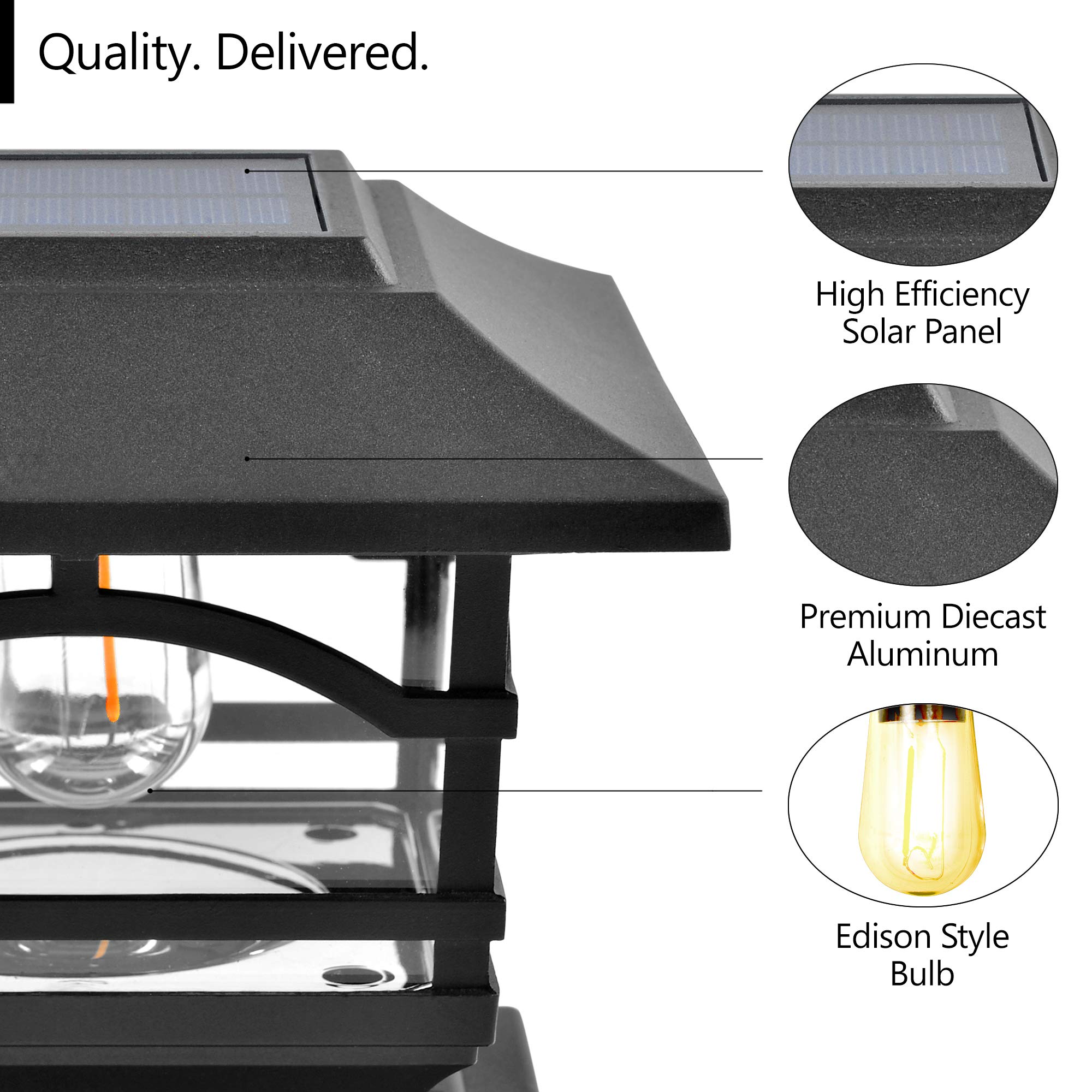 Davinci Lighting Edison Solar Post Cap Lights - 2 Pack - Slate Black - LED for Fence Deck Garden or Patio - Aluminum