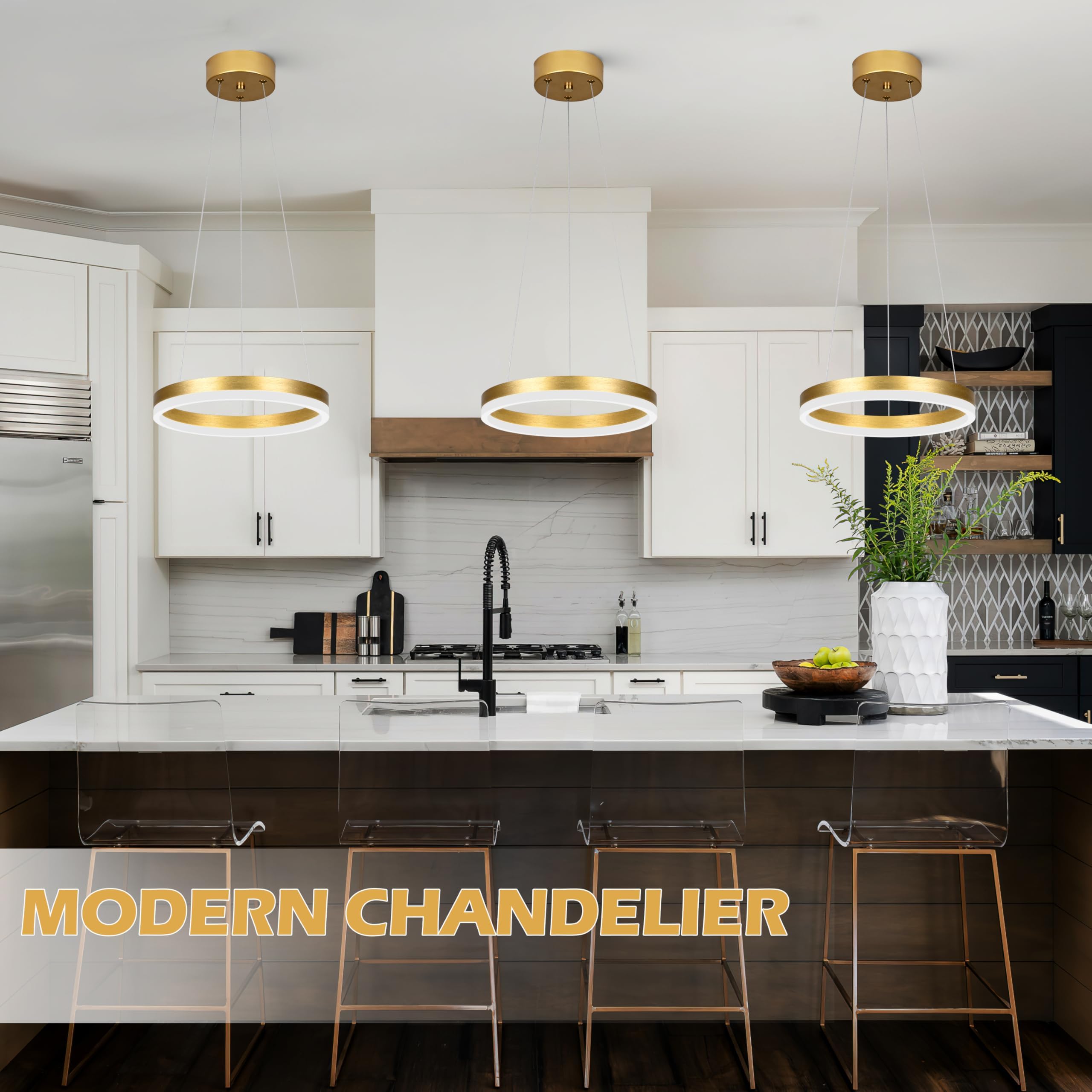 Mccokaige 12" Gold LED Ring Chandelier - Modern Metal Pendant Light for Kitchen Island, Bedroom, Dining Room, Model YK-3-J