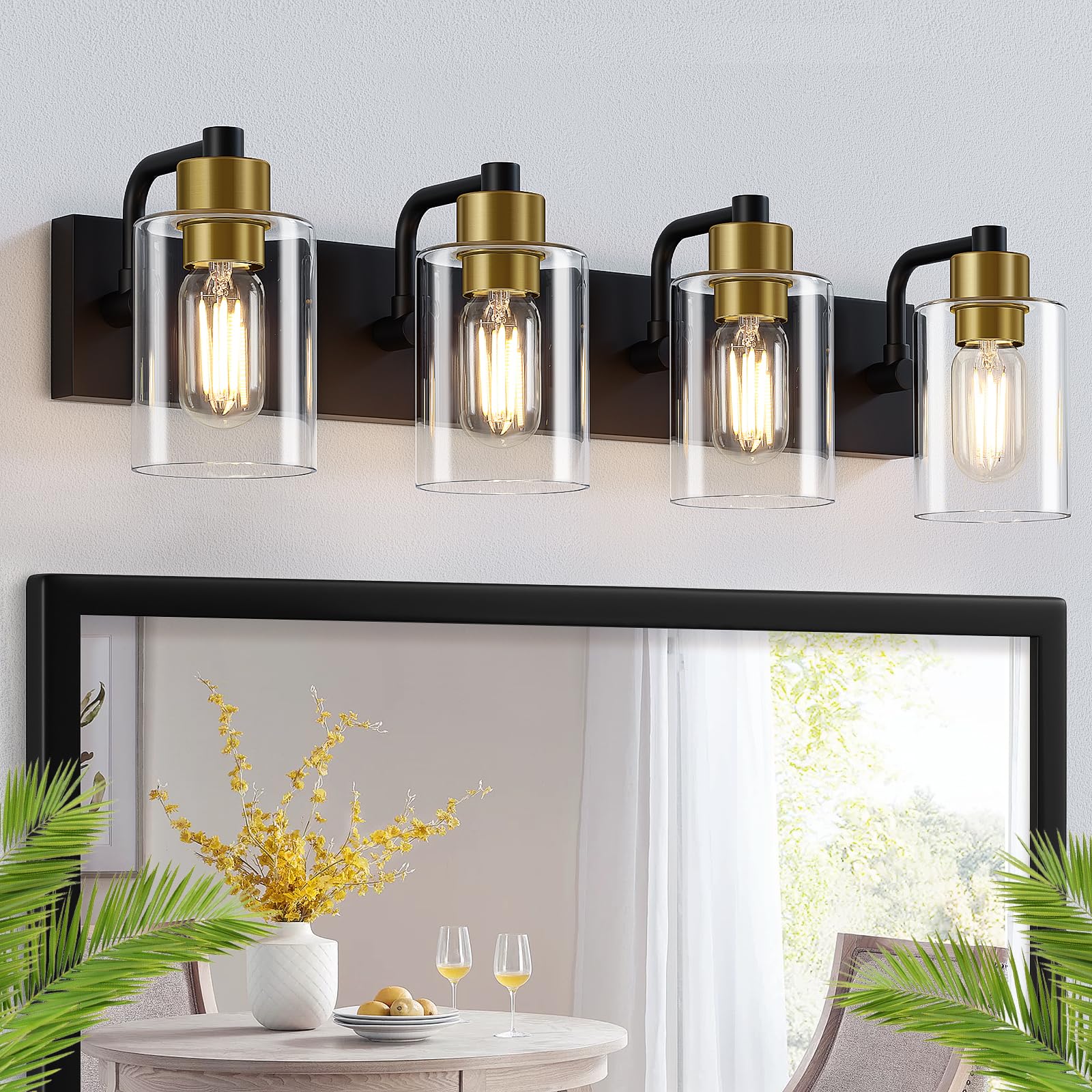 Dpyrrhic Bathroom Light Fixtures,Matte Black And Gold 4-Light Bathroom Lights With Clear Glass Shade,Modern Wall Sconces Over Mi