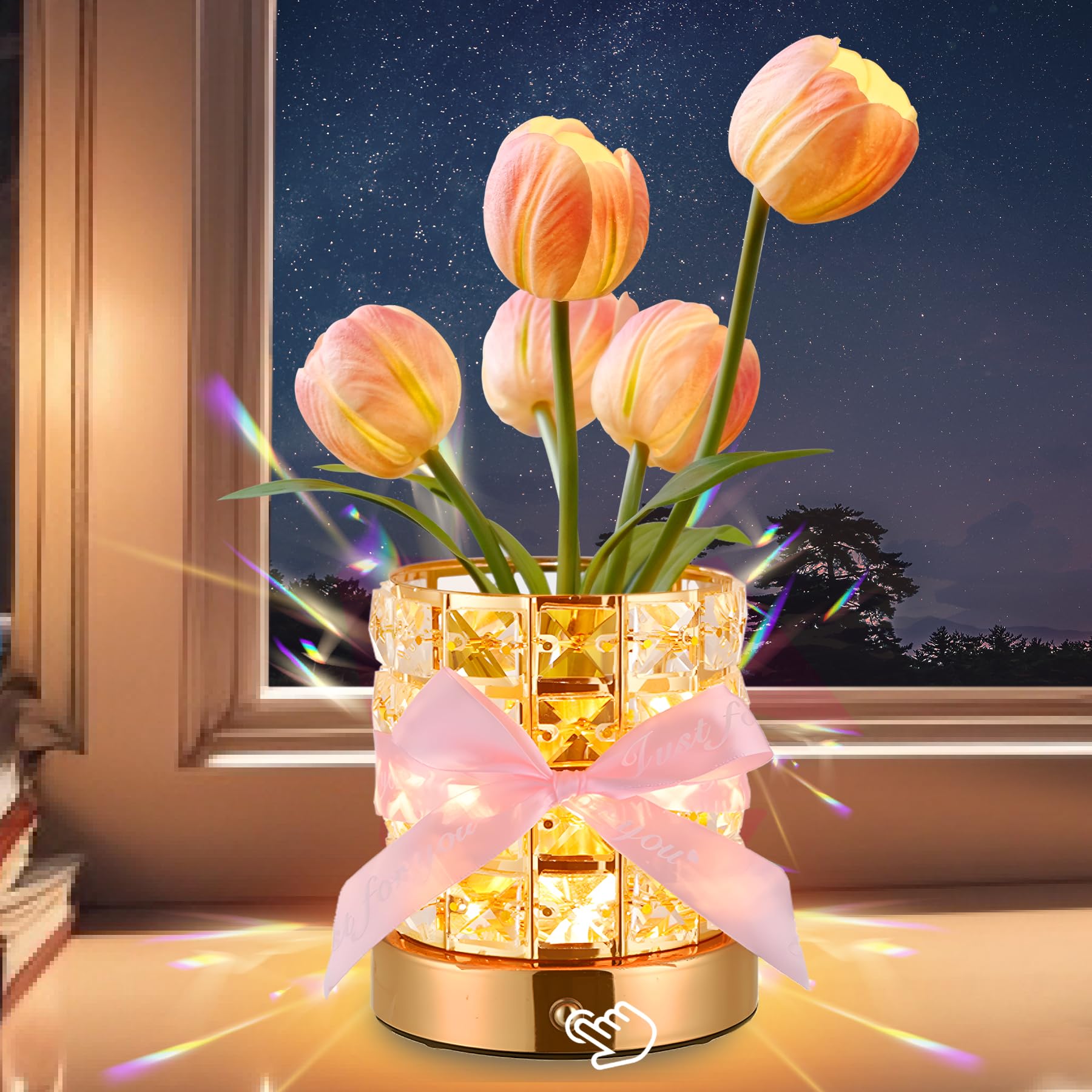 Mothers Day Gifts for for Mom/Birthday Gifts for Women, Flower Lamp Cordless Night Light Dimmable, Crystal Base with USB Charge 