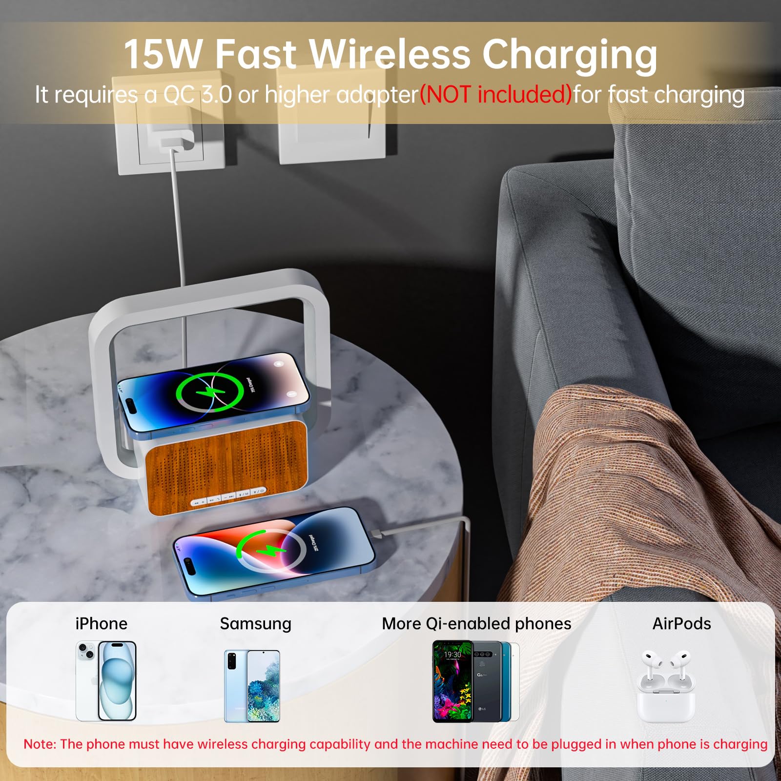 doopo Bluetooth Speaker with Night Lights, 15W Wireless Charging with Phone Holder, Bedroom Decor/Teens Girls Boys Gifts Idea/Be