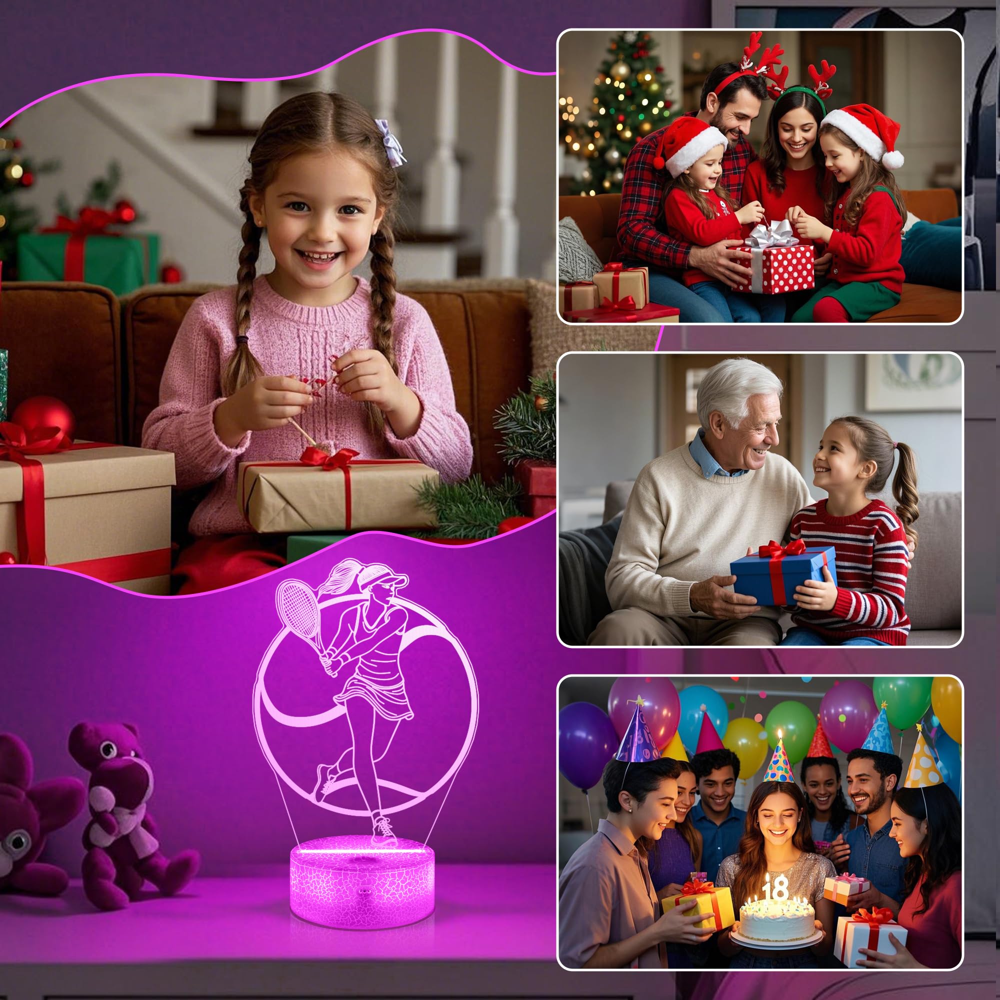 OkiyiD Tennis Gifts for Women & Girls, Light Up Tennis Night Light 3D Illusion Lamp with 16 Colors Remote Control,Tennis Accesso