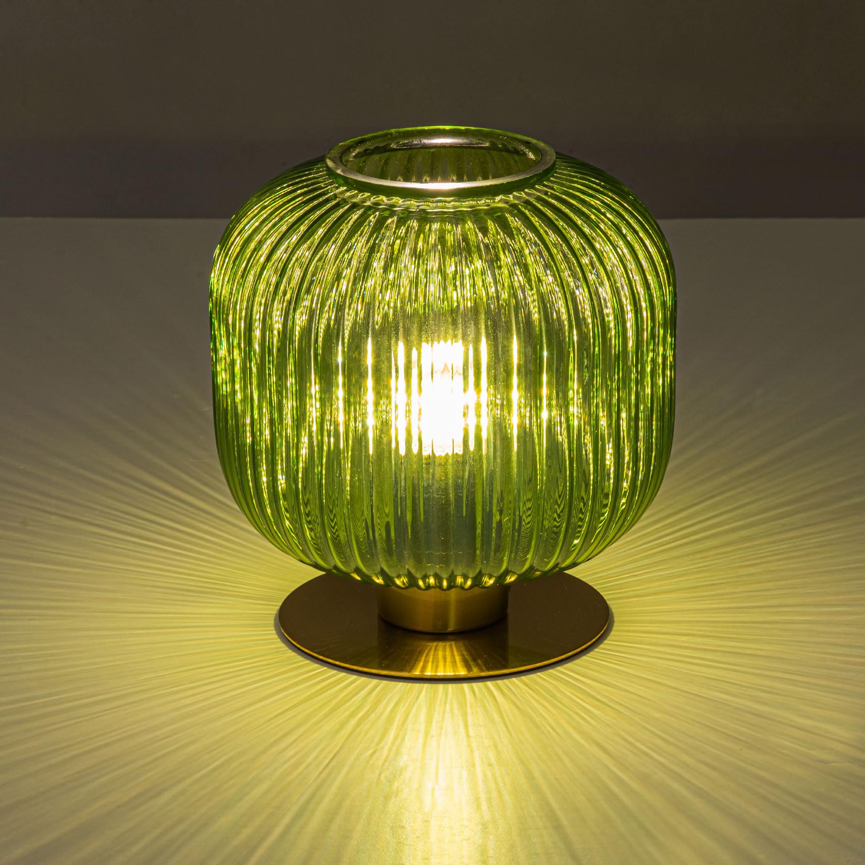 Soutas Small Table Lamp, Elegant Green Glass with Ribbed Shade, Decorative Bedside Lighting, Model QA1193