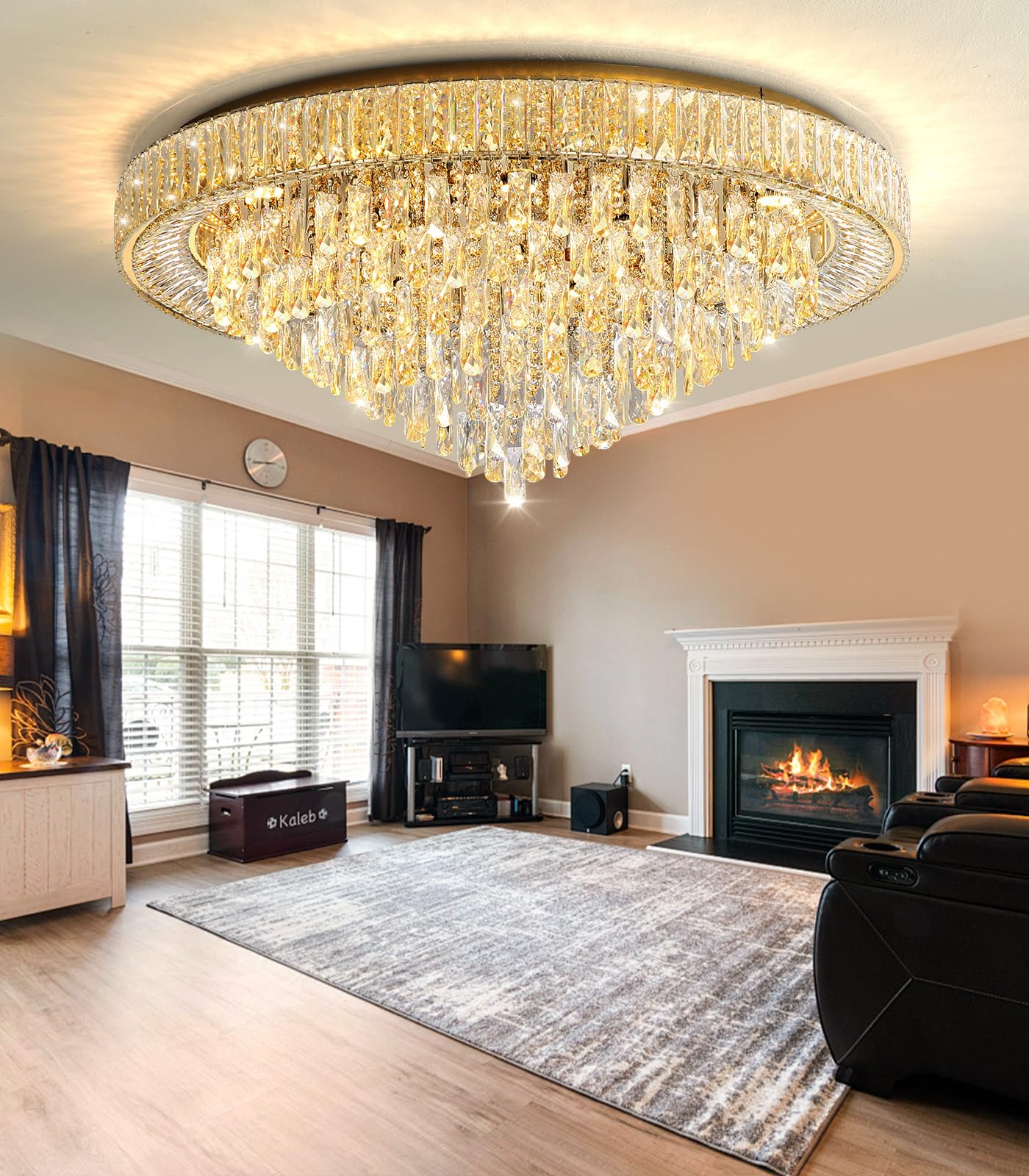 dolria Modern Crystal Flush Mount Chandelier, LED Dimmable, 39.3'' Width, Gold, Model PC1019-100G for Living Room & Bedroom