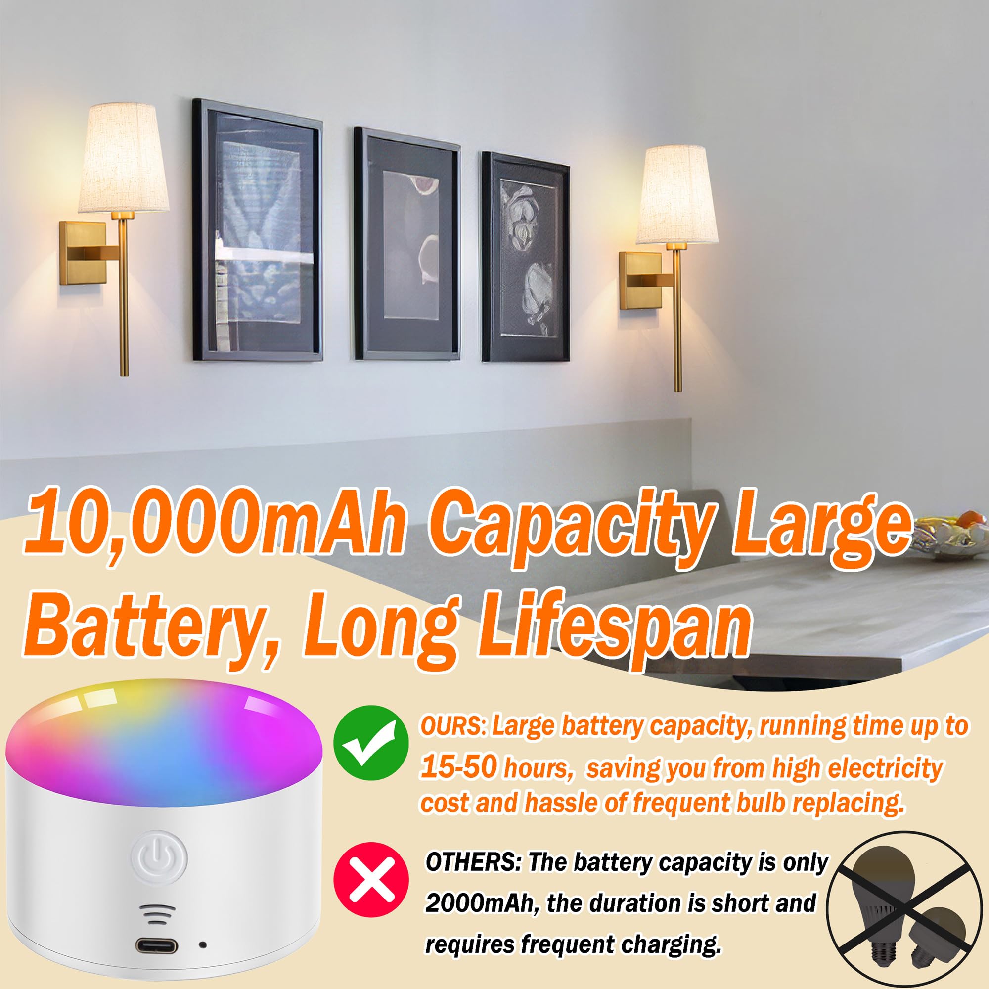 Battery Operated Wall Sconce Set Of Two, Wireless Wall Sconce Lighting With Remote Control, Indoor Dimmable Battery Operated Wal