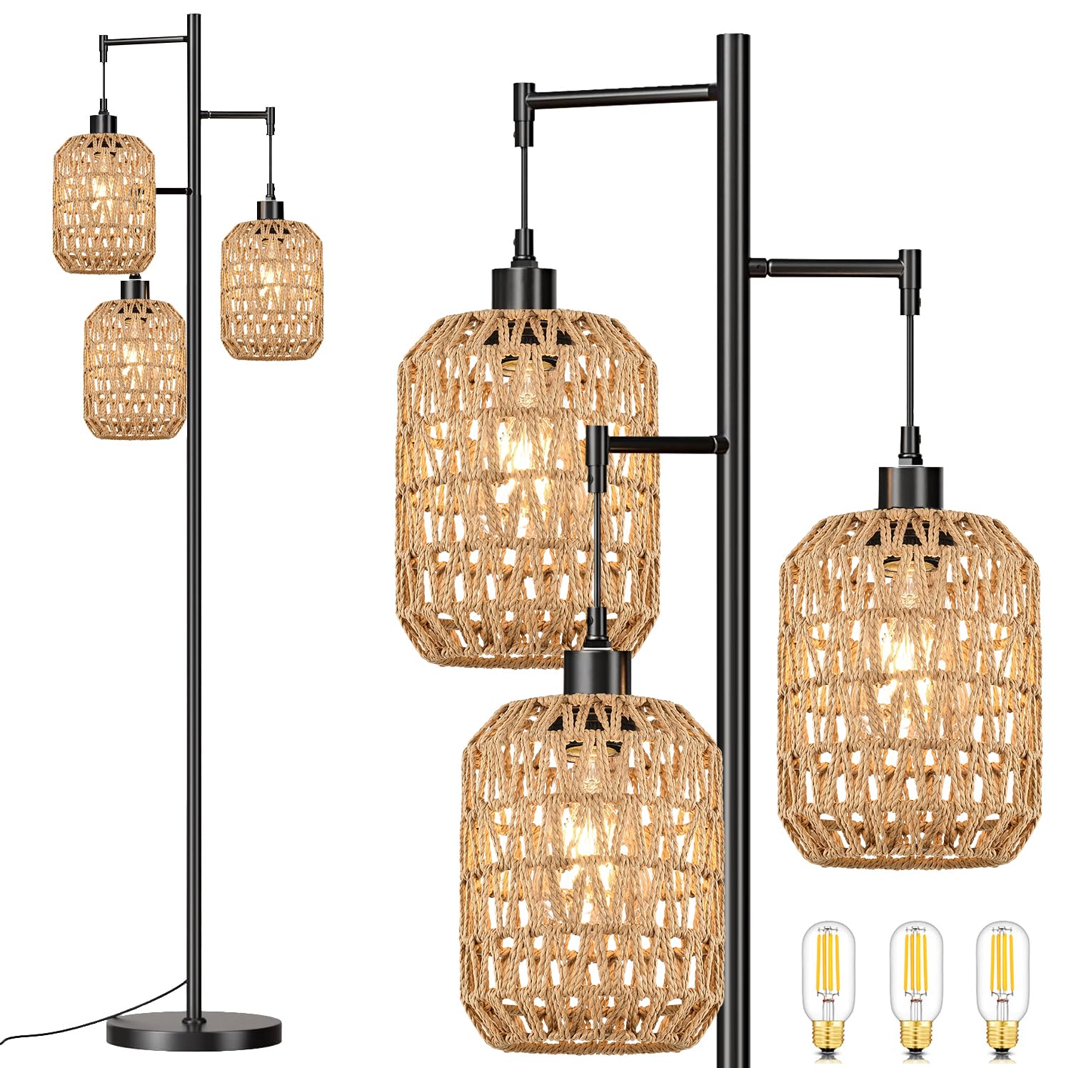 QIYIZM Floor Lamp for Living Room,Bedroom,Boho Rattan Tree 3 Lights Farmhouse Floor Lights,Industrial Black Standing Lamp Wicker